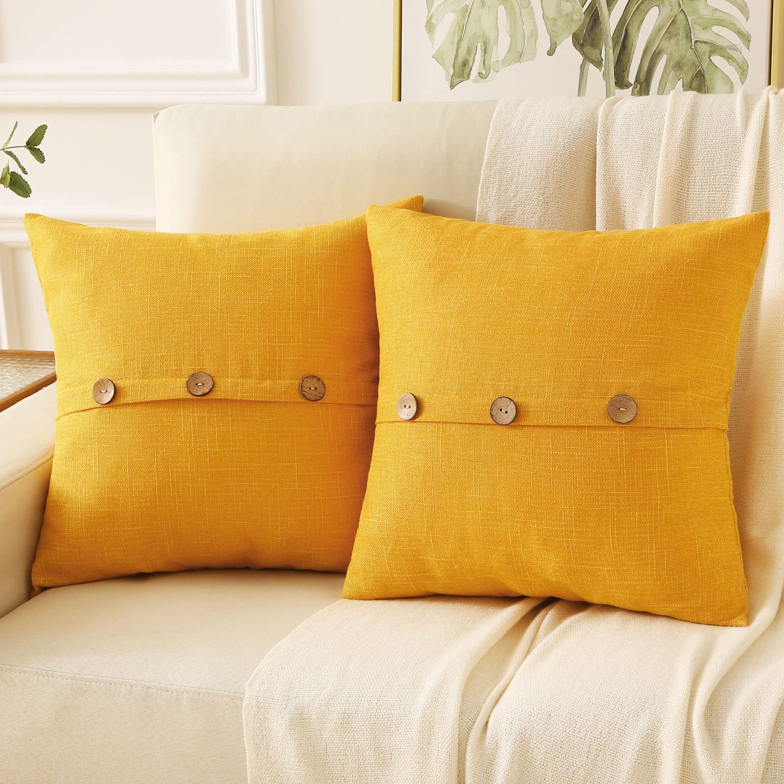 Haussy Yellow Linen Decorative Throw Pillow Covers 26X26 Inch Set Of 2,Square Euro Pillow Shams With 3 Vintage Buttons,Modern Fa