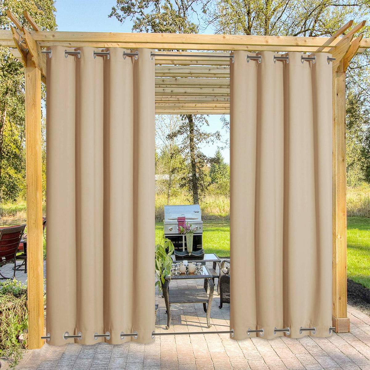 Nicetown Weighted Outdoor Curtains For Patio Waterproof, Thermal Insulated Room Darkening Top & Bottom Grommets Drape, Windproof