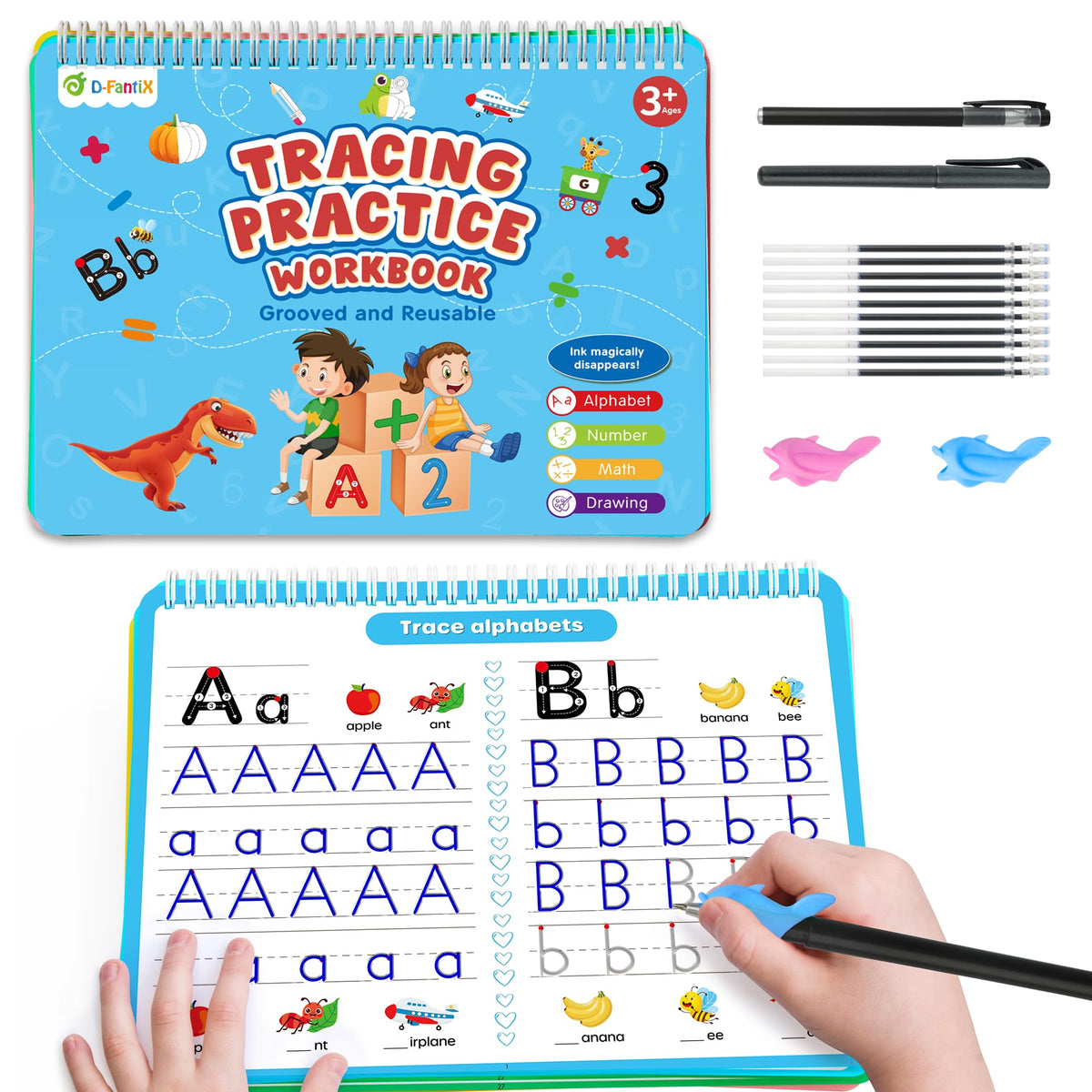 D-Fantix 4 In 1 Large Magic Grooved Writing Practice For Kids Age 3-5, Reusable Grooved Handwriting Practice For Kids 5-7, Learn