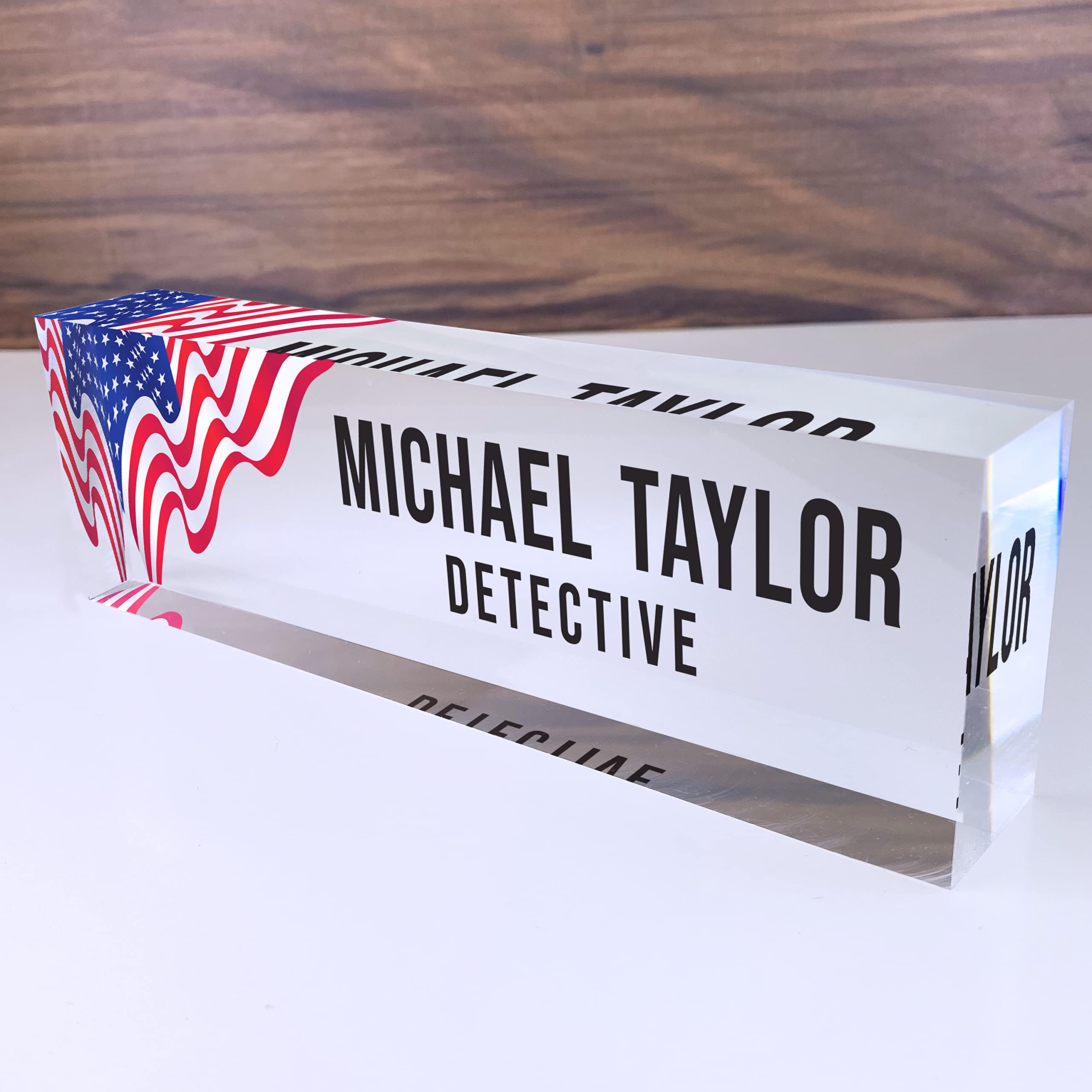 Artblox Office Desk Name Plate Personalized | Custom Name Plates For Desks | Us Flag Design On Clear Acrylic Glass | Office Desk