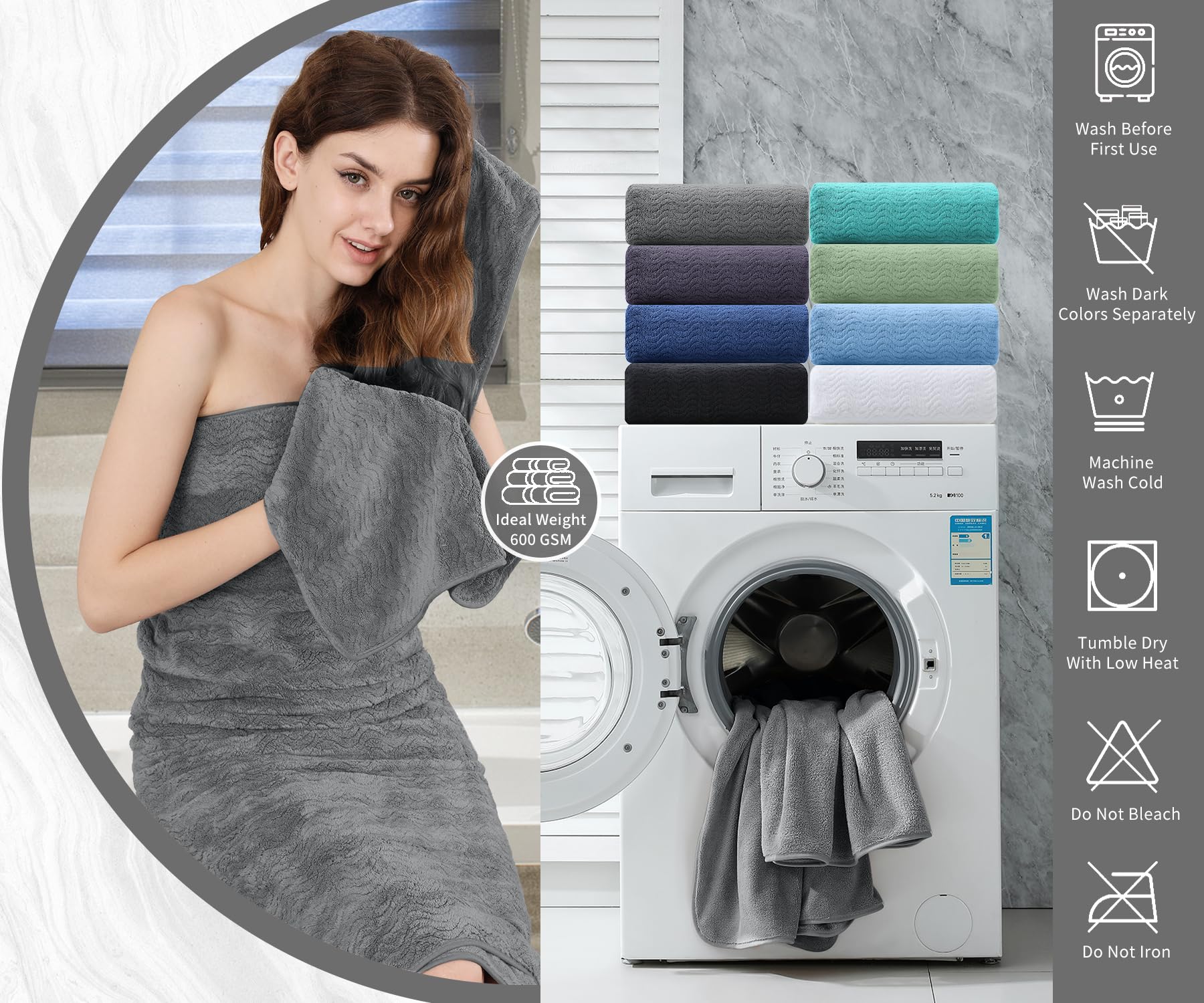 Jessy Home Grey 8 Piece Bath Towel Set |2 Oversized Large Bath Sheet,2 Hand Towels,4 Washcloths| Soft Luxury Towel Set For Bathr