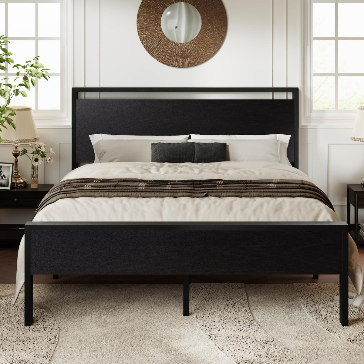 Allewie Queen Size Platform Bed Frame With Wooden Headboard And Footboard, Heavy Duty 12 Metal Slats Support, No Box Spring Needed, Under Bed Storage, Noise Free, Easy Assembly, Black Oak