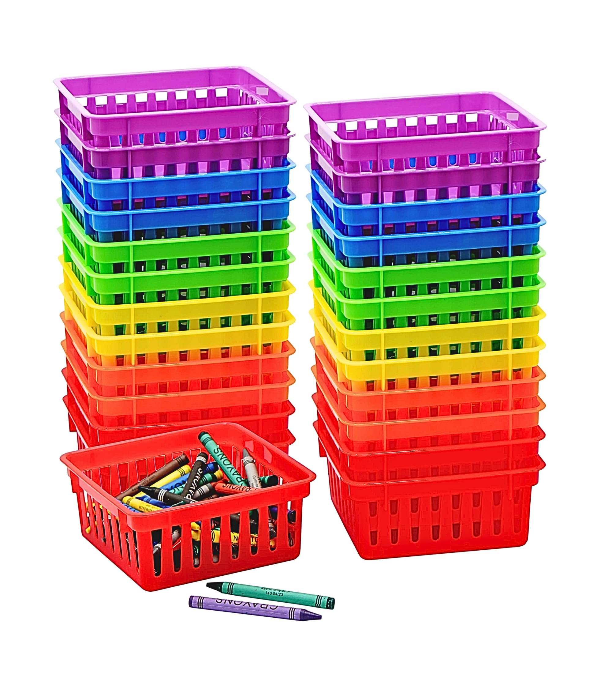 4E'S Novelty 24 Pack Small Classroom Storage Baskets, Pack Bulk, Square 4.5' Sturdy Plastic Colorful Crayon & Pencil Container,