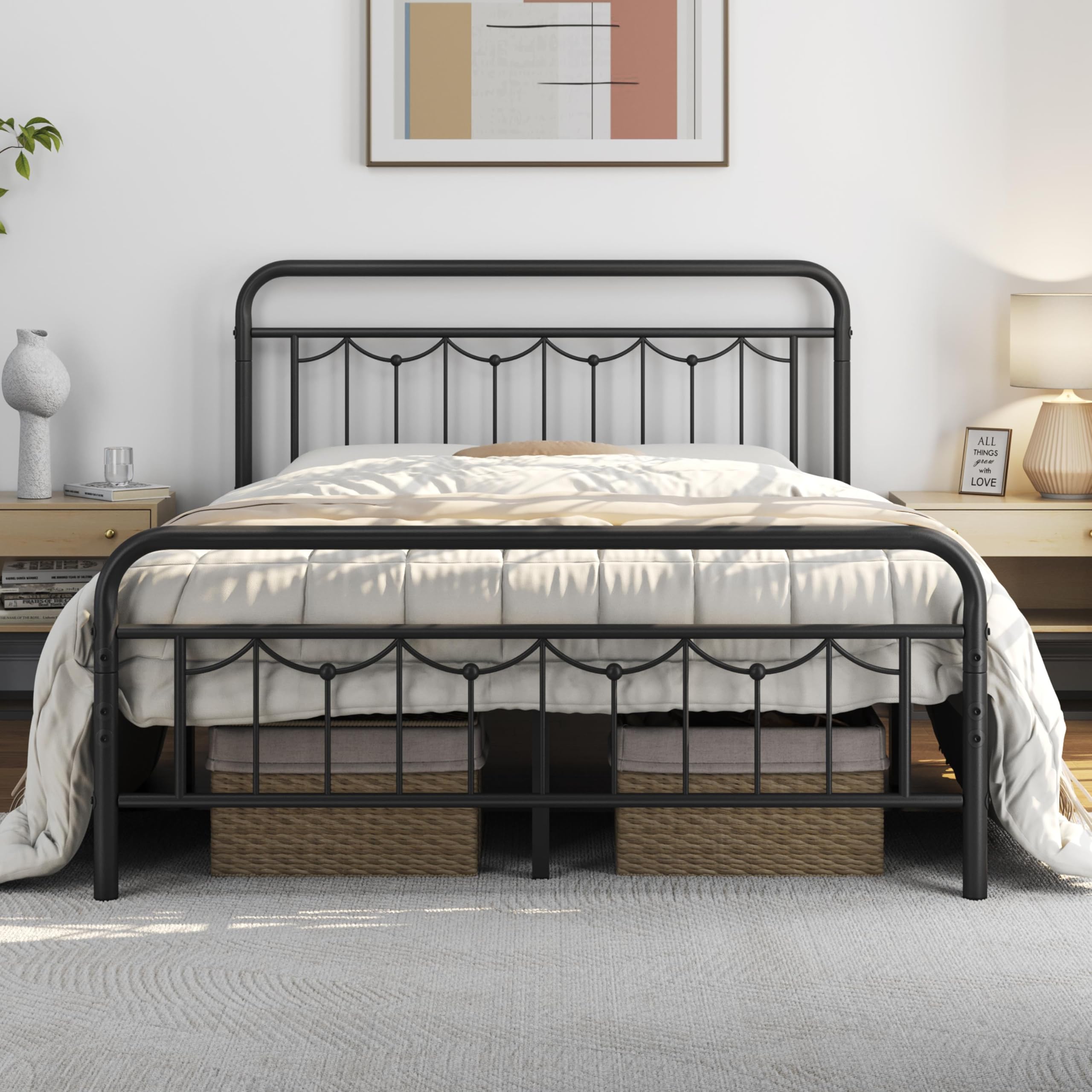 Yaheetech Queen Size Metal Bed Frames with Vintage Headboard and Footboard, Farmhouse Metal Platform Bed, Heavy Duty Steel Slat 