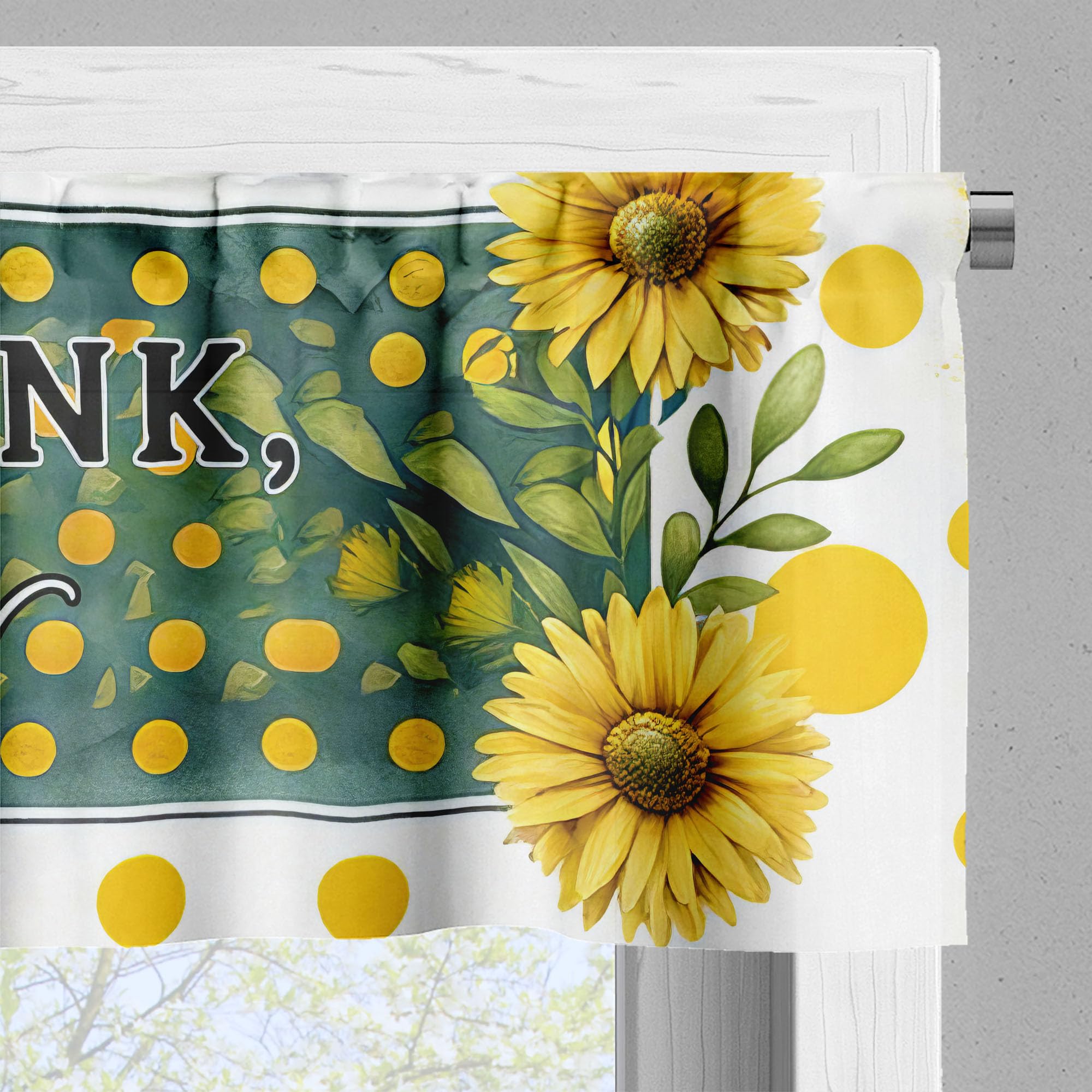 Ambesonne Eat Drink Laugh Window Valance Pack Of 2, Farmhouse Art Sunflower With Orangish Dots And Leaves Greenery, Rod Pocket Curtain Valances Kitchen Bedroom, 54' X 18',Mustard And Hunter Green