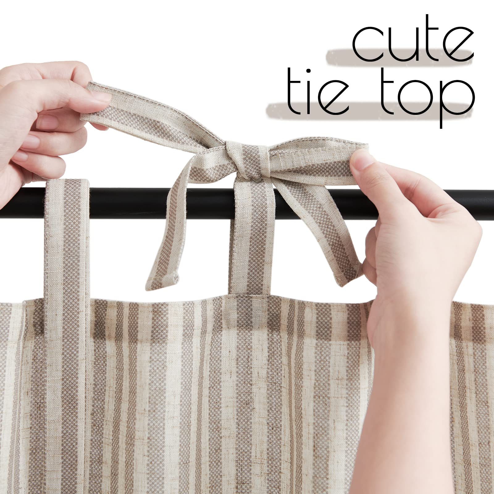 Jinchan Kitchen Curtains 36 Inch Length Striped Tie Top Linen Tier Curtains Short Curtains For Living Room Bedroom Bathroom Farmhouse Light Filtering Rod Pocket Cafe Curtains 2 Panels Grey On Beige