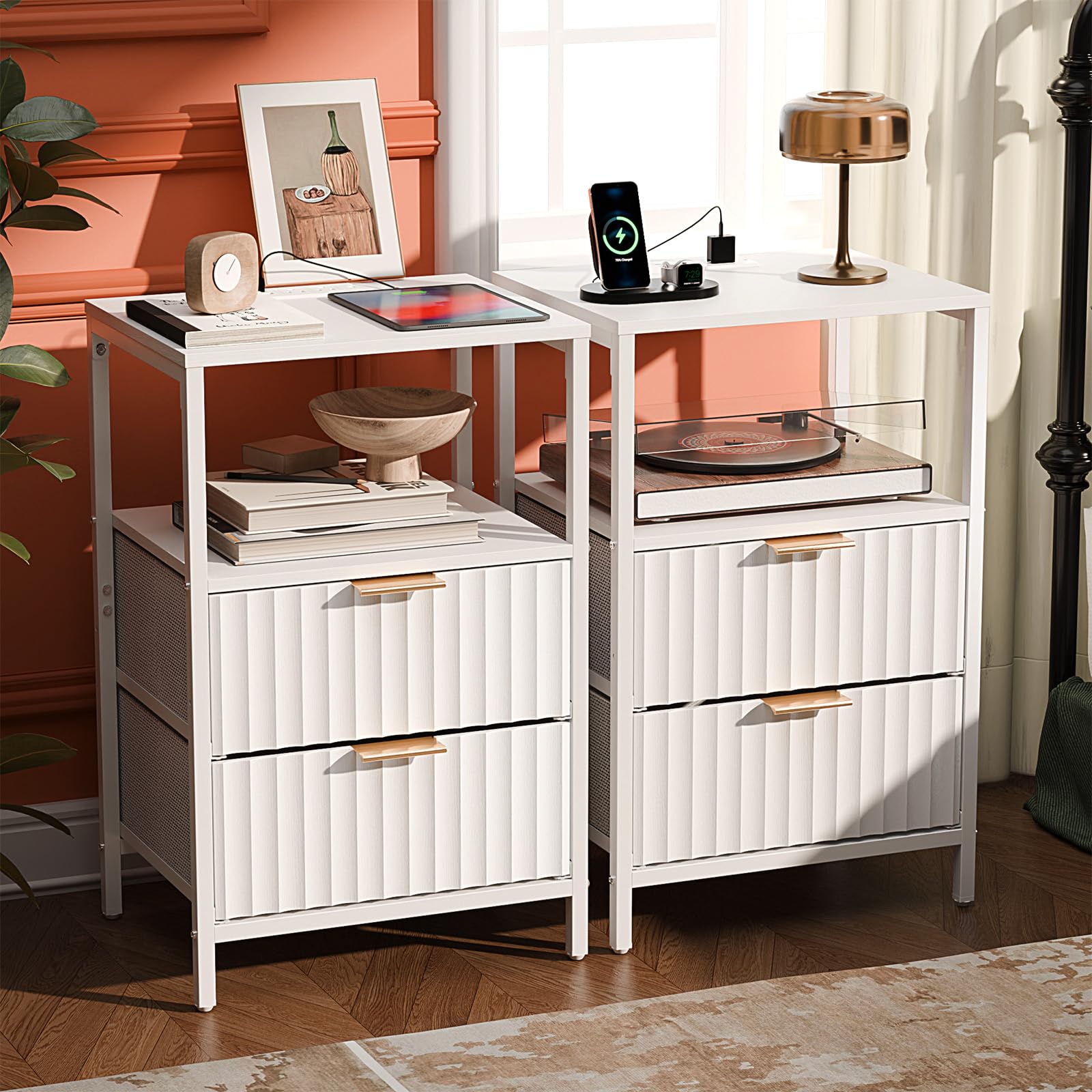 VINGLI White Nightstands Set of 2 with Fabric Drawers, Fluted Nightstand with Charging Station, Night Stand Set 2 White Side Tab