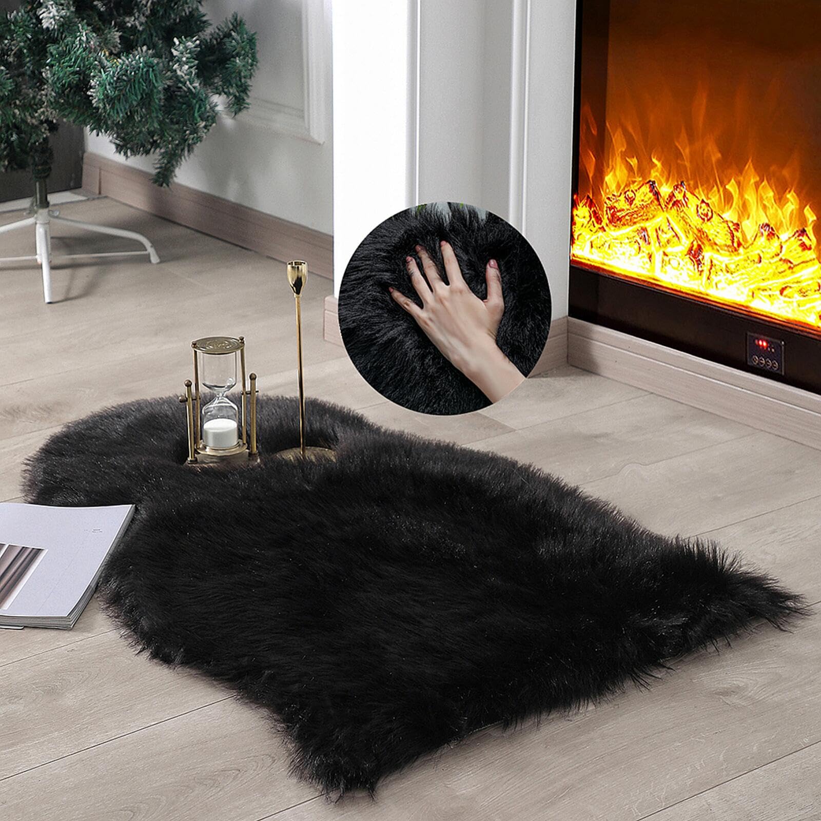 linmopm Faux Fur Rug Sheepskin Shag Fluffy Fuzzy Black 2x3 ft Small Rugs for Bedroom Bedside Bed Floor Living Room Plush High-De