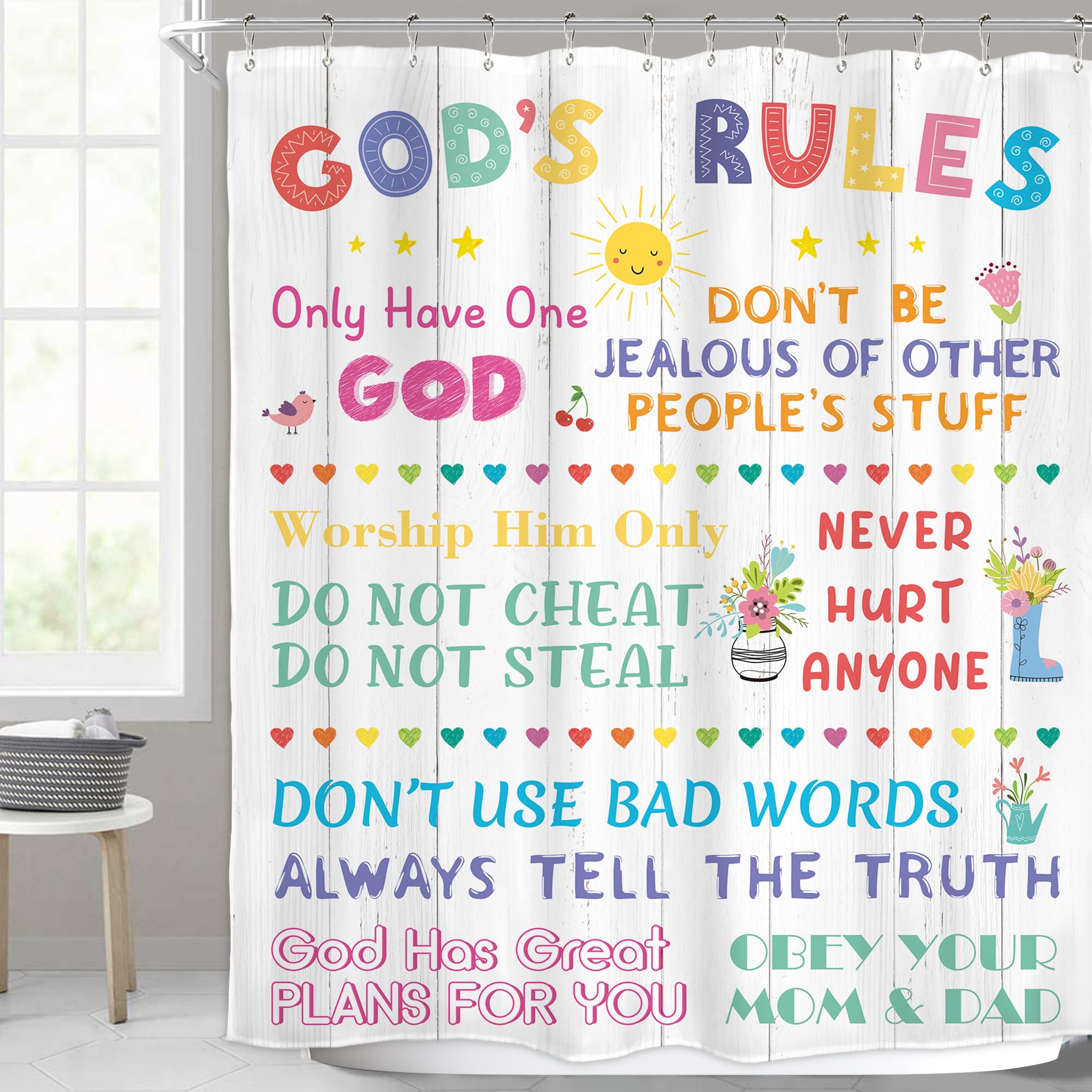 Homewelle Colorful Quotes Kids Shower Curtain Christian Bible Verse Abstract Cartoon Cute Wooden Plank Modern Simple 60Wx72H Inc