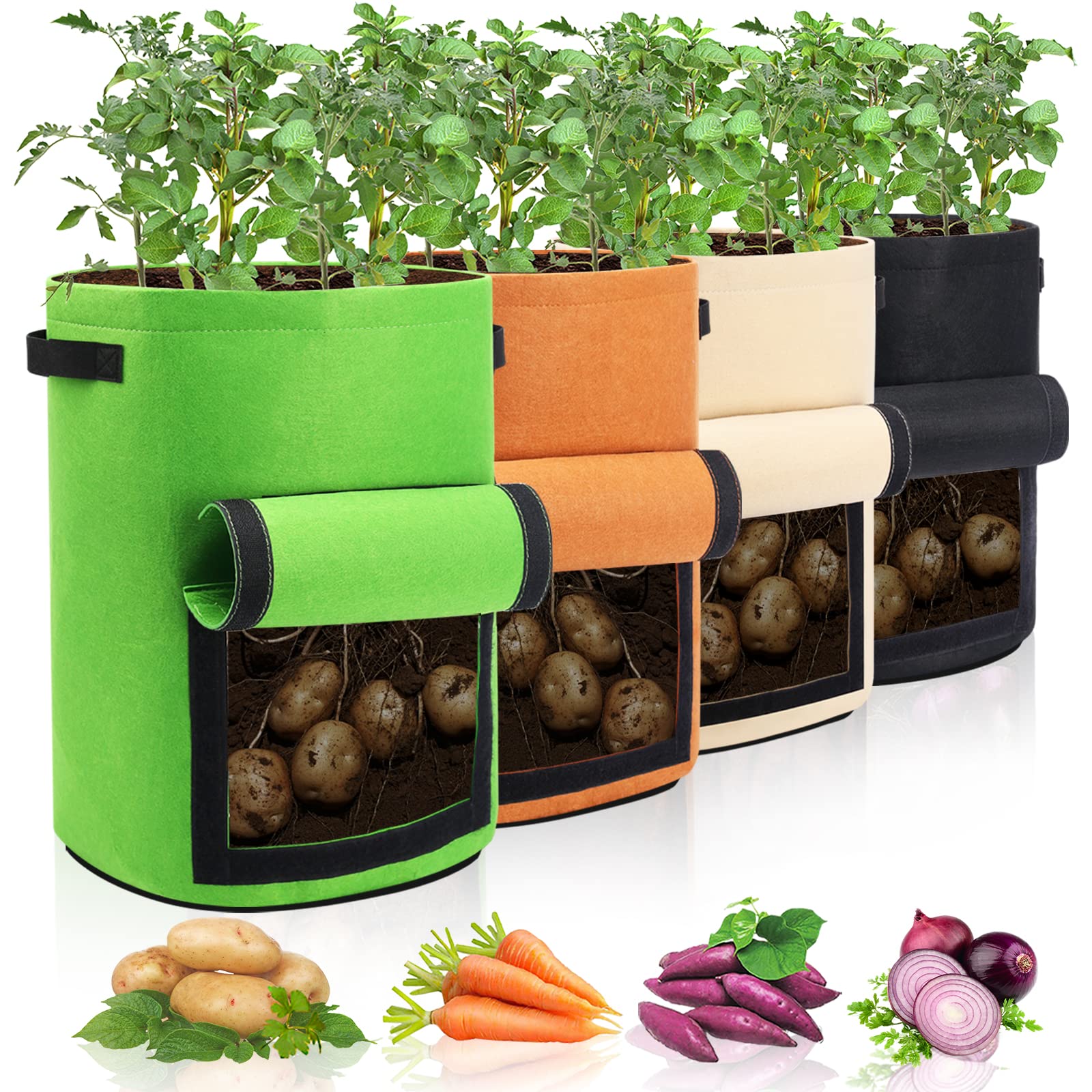 Homyhoo 4 Pack Potato Grow Bag With Flap 10 Gallon Planter Pots With Handles And Harvest Window For Potato Tomato And Vegetables