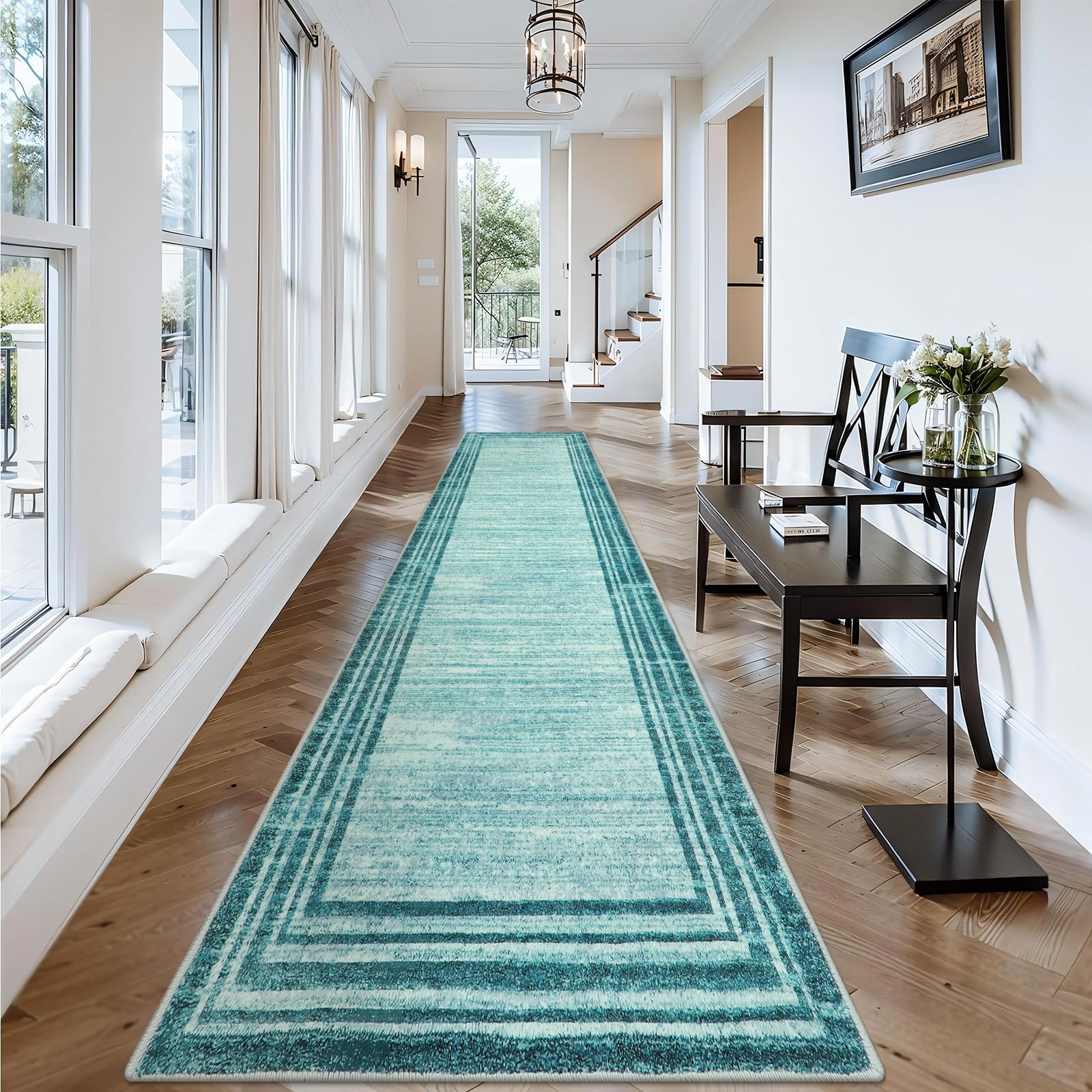 Lahome Abstract Runner Rug,Teal 2.5x12 Hallway Runner Rug Washable Non-Slip Long Kitchen Rugs Runner,Low-Pile Soft Runner Rugs f