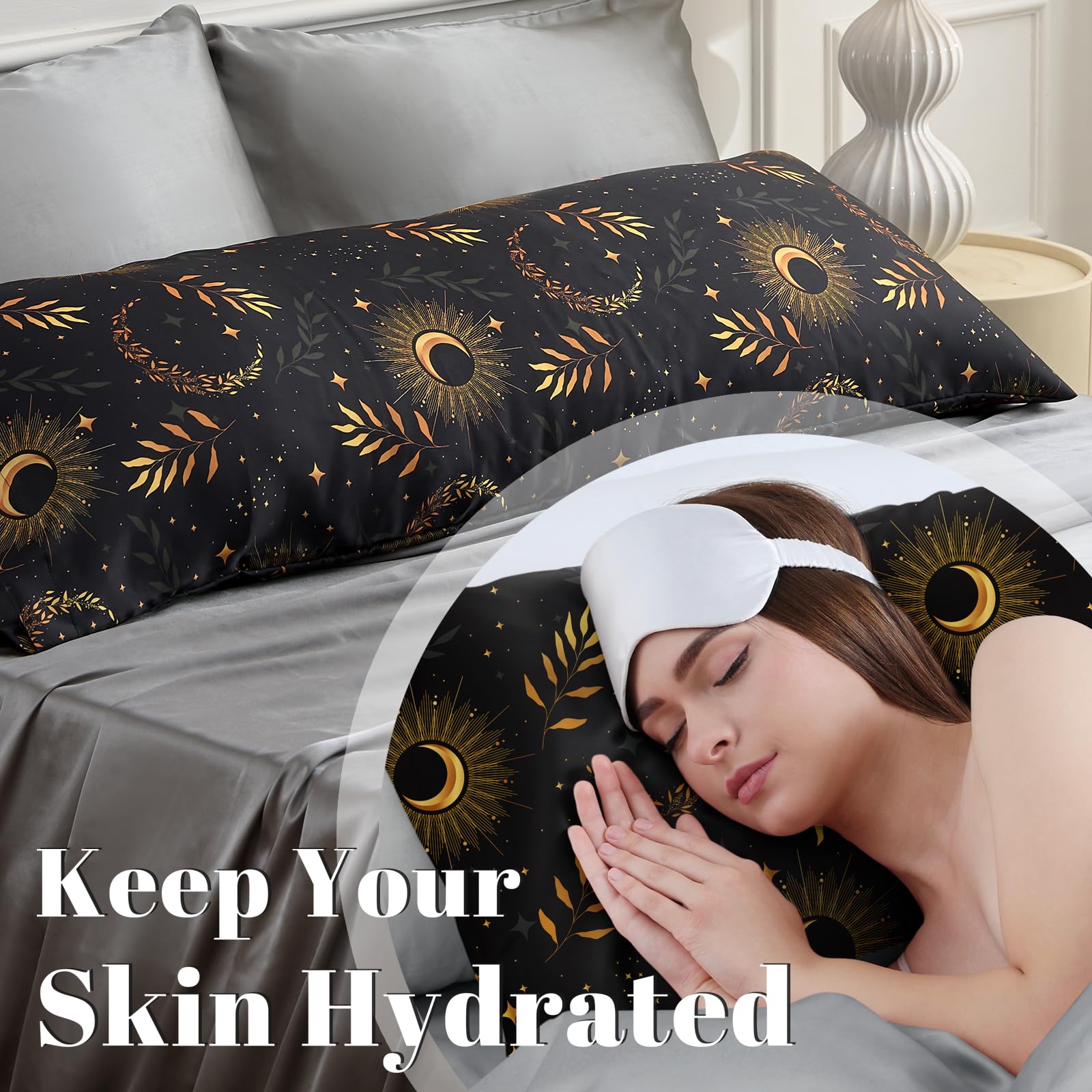 Exq Home Satin Pillowcase For Hair And Skin Body- Multicolor Printed Black Moon Silk Pillowcase 20X54 Inches - Body Pillow Cases