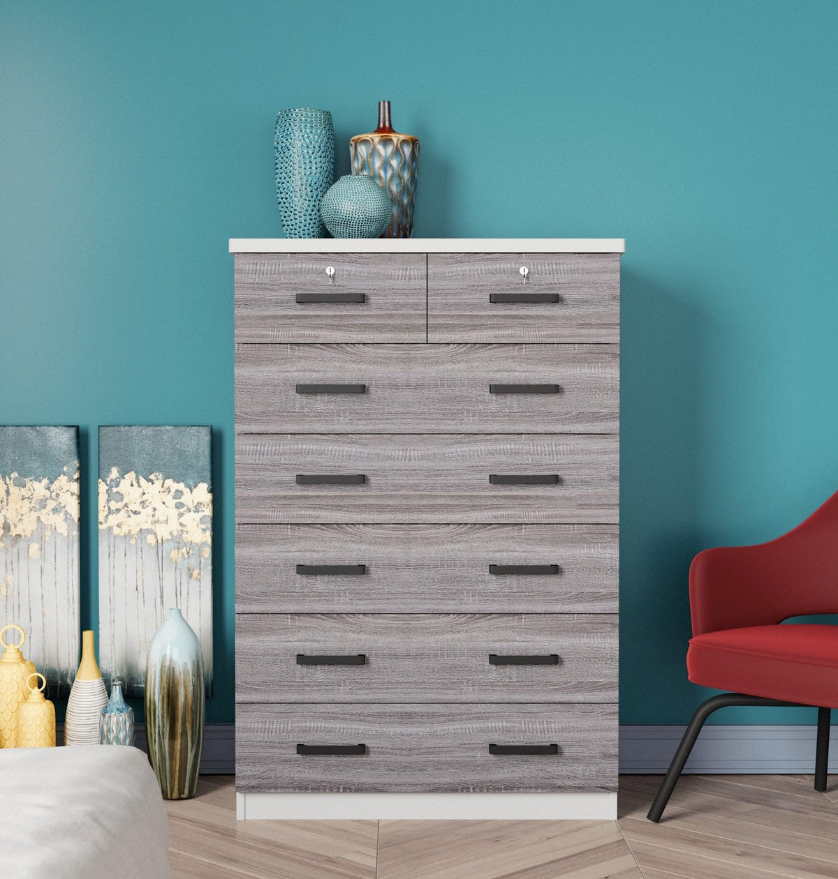 Woodpeckers Furniture And Mattress 7 Drawers Chest - Cindy (White & Grey)