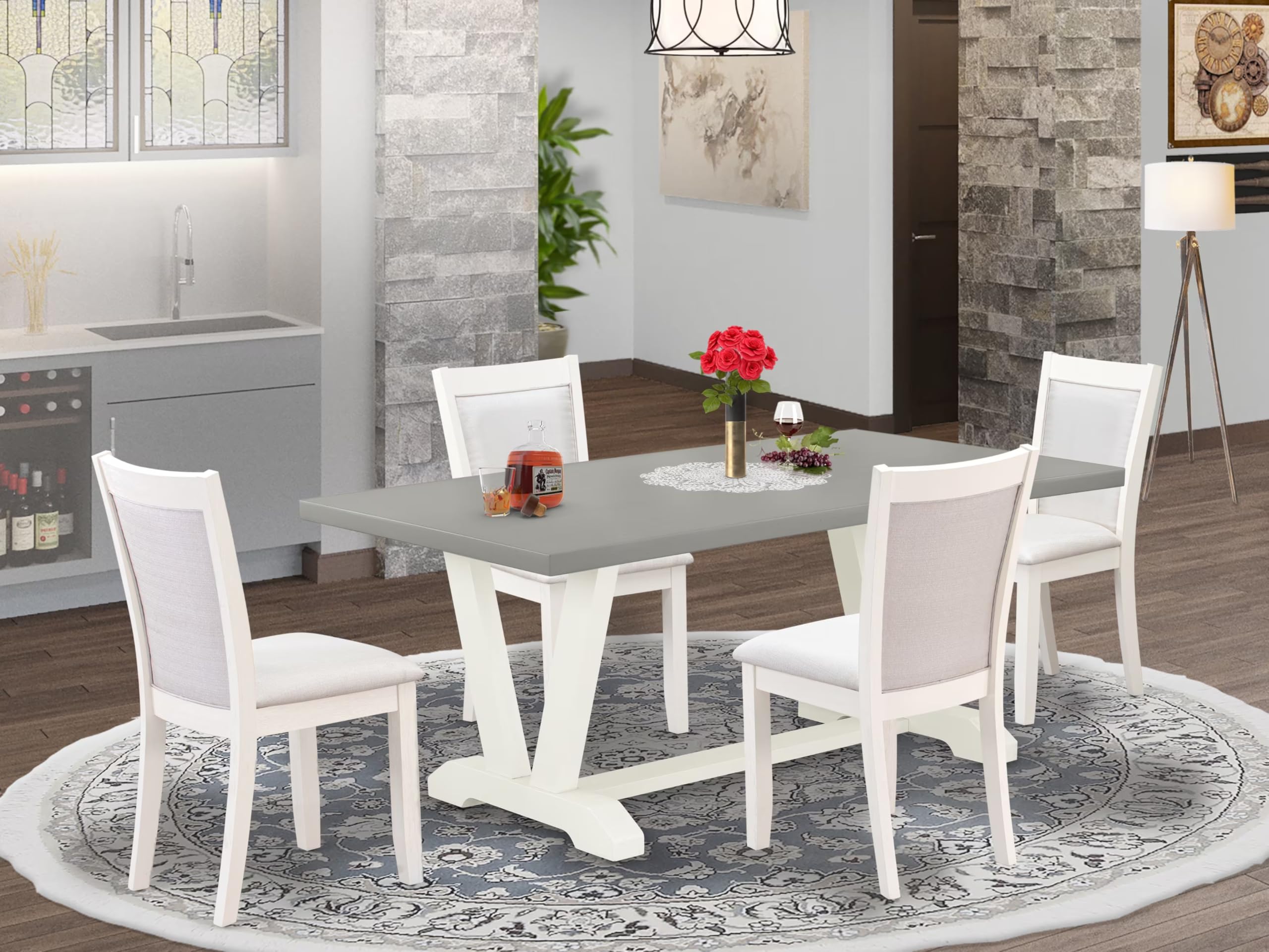 East West Furniture V097MZ001-5 5 Piece Dining Room Table Set Includes a Rectangle Dining Table with V-Legs and 4 Cream Linen Fabric Upholstered Parson Chairs, 40x72 Inch, Multi-Color