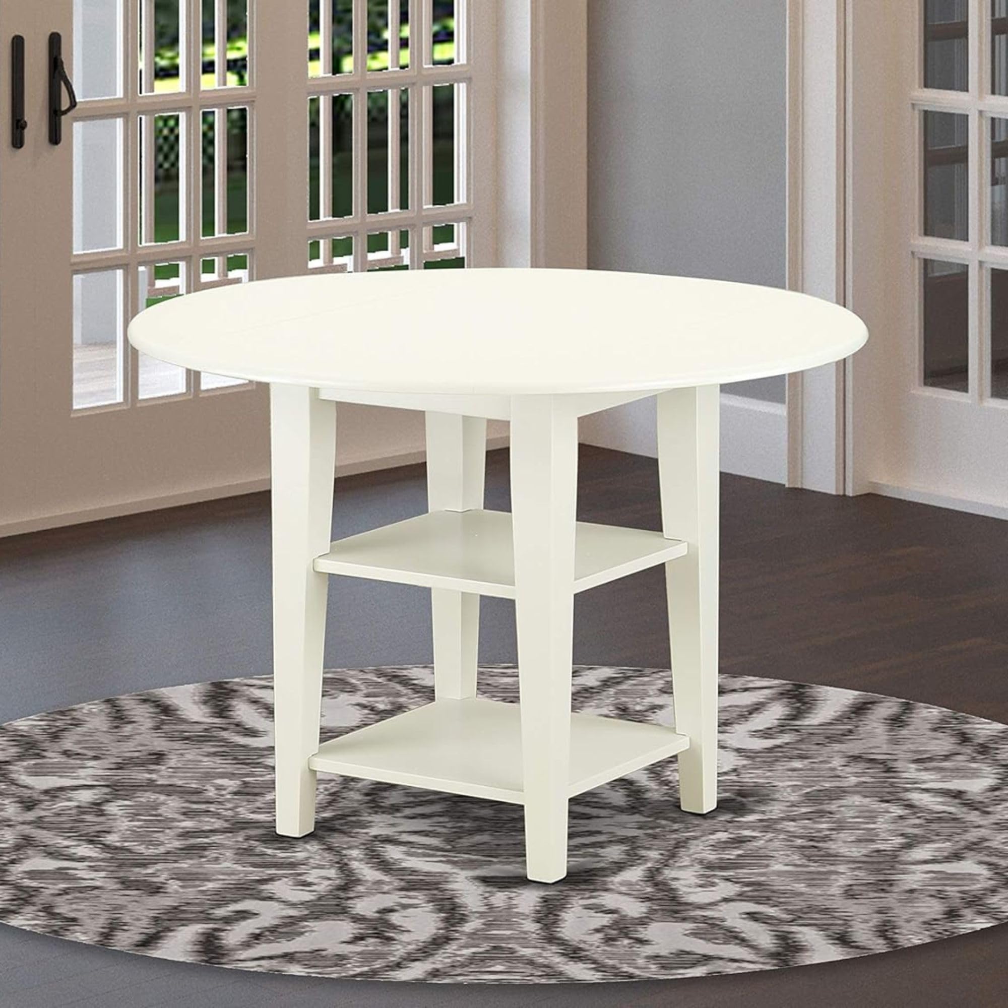 East West Furniture SUT-LWH-T Sudbury Modern Dining Table - a Round Kitchen Table Top with Dropleaf & 2 shelves, 42x42 Inch, Linen White