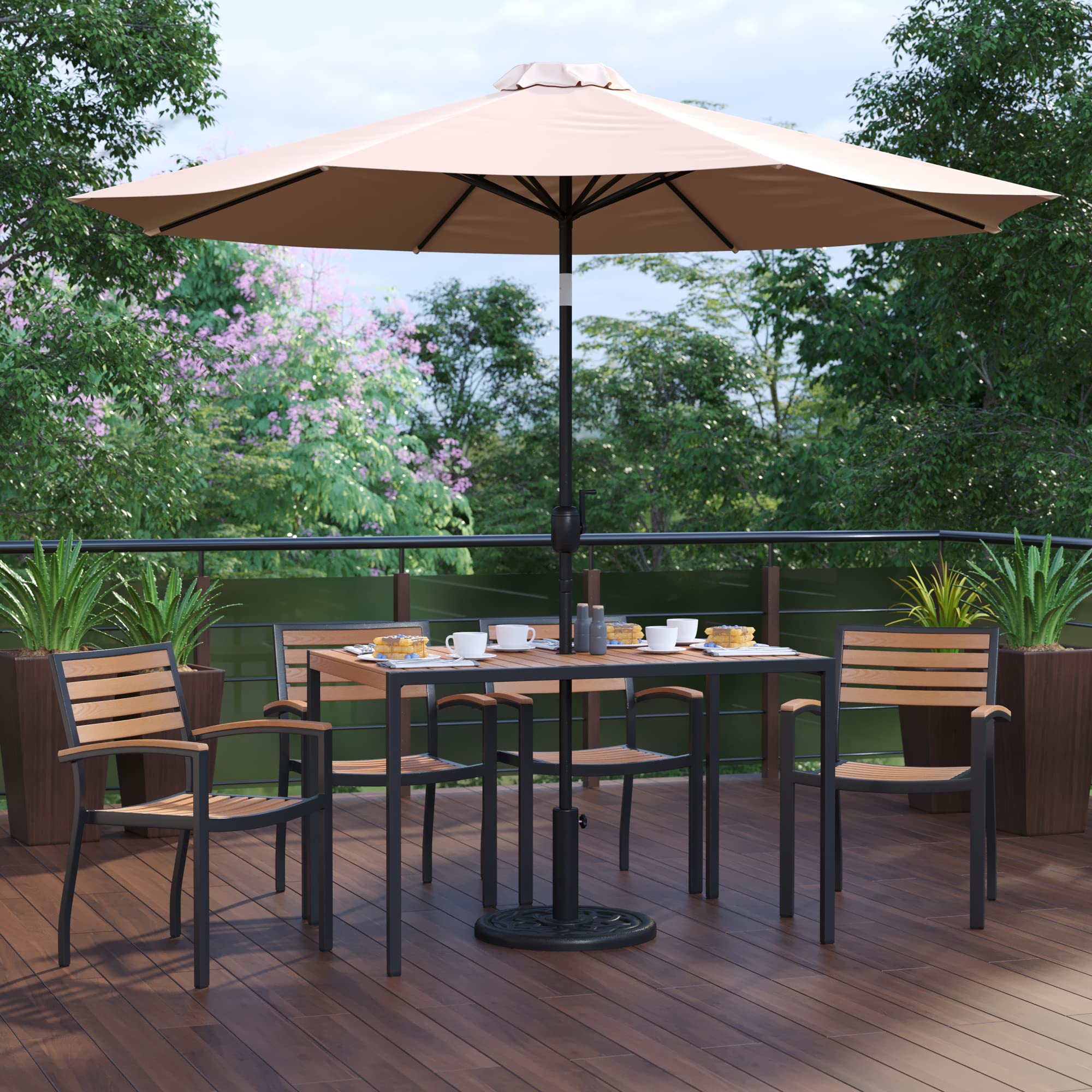 Flash Furniture Lark 7 Piece Outdoor Patio Dining Table Set - 4 Synthetic Teak Stackable Chairs with Arms - 30" x 48" Table - Tan Umbrella with Base