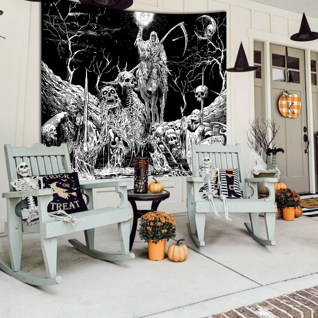 Apdidl Black And White Goth Skull Tapestry For Bedroom, Gothic Skeleton Halloween Wall Tapestries Aesthetic, Horror Ghost Rider