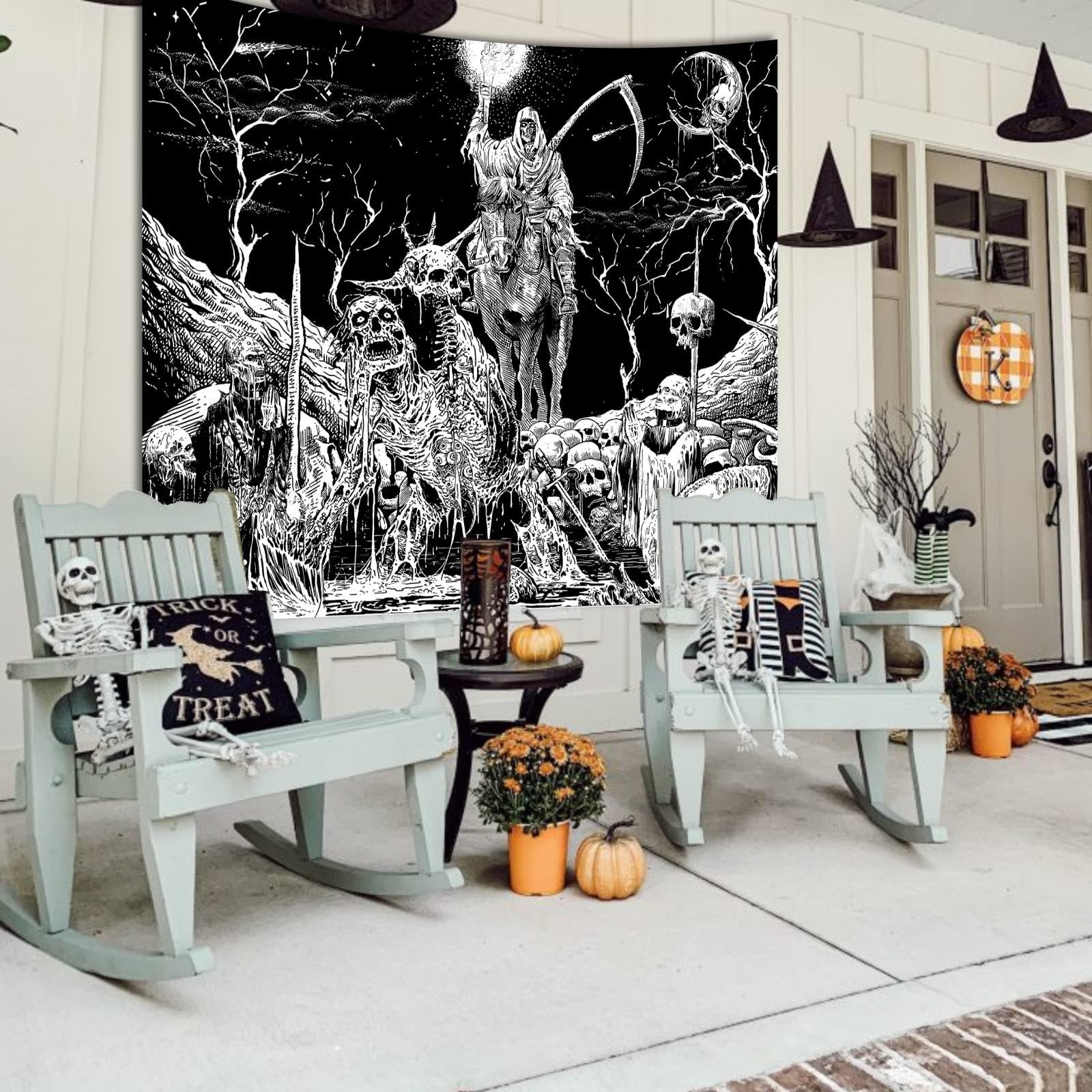 Apdidl Black And White Goth Skull Tapestry For Bedroom, Gothic Skeleton Halloween Wall Tapestries Aesthetic, Horror Ghost Rider
