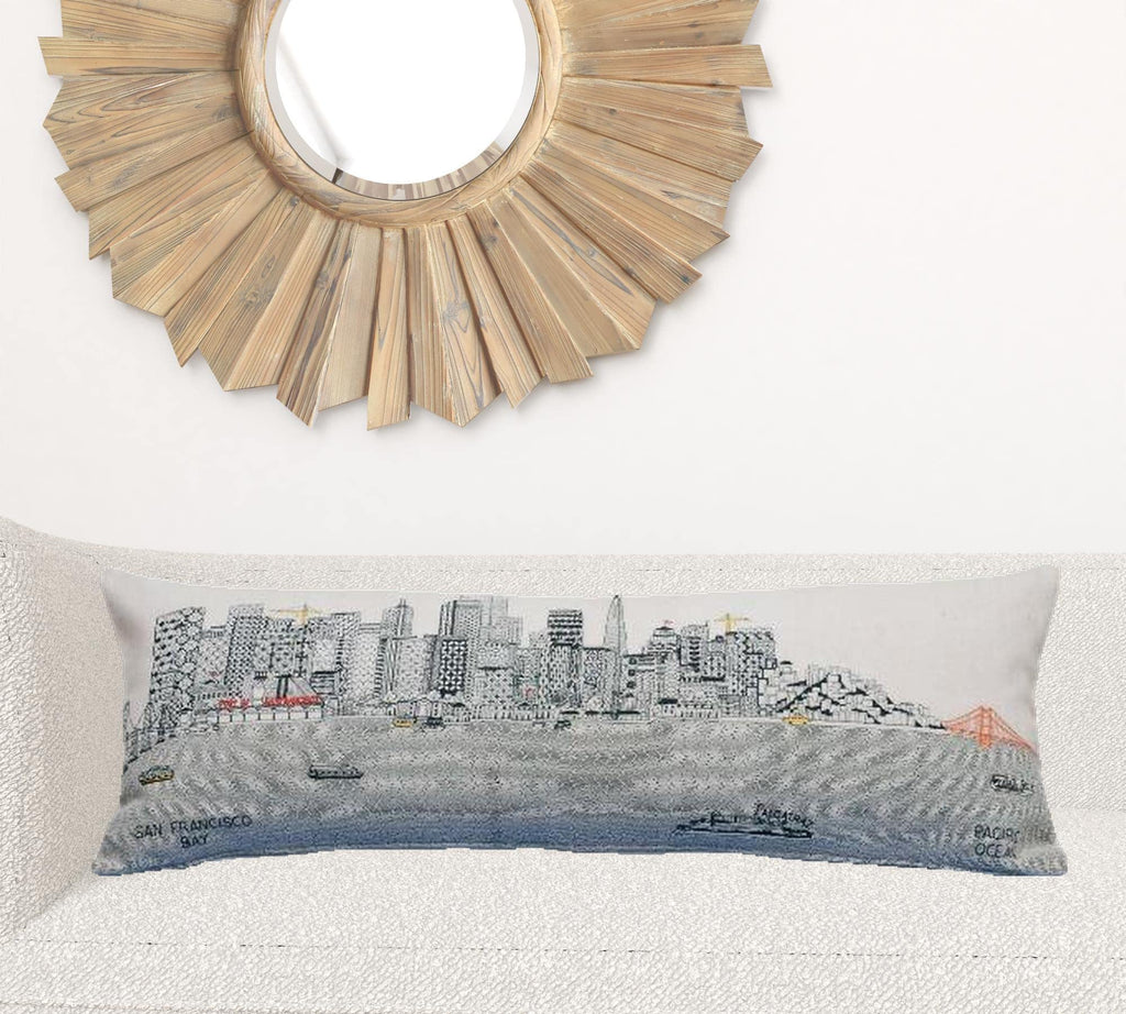 HomeRoots Cream 35' White San Francisco Daylight Skyline Lumbar Decorative Pillow