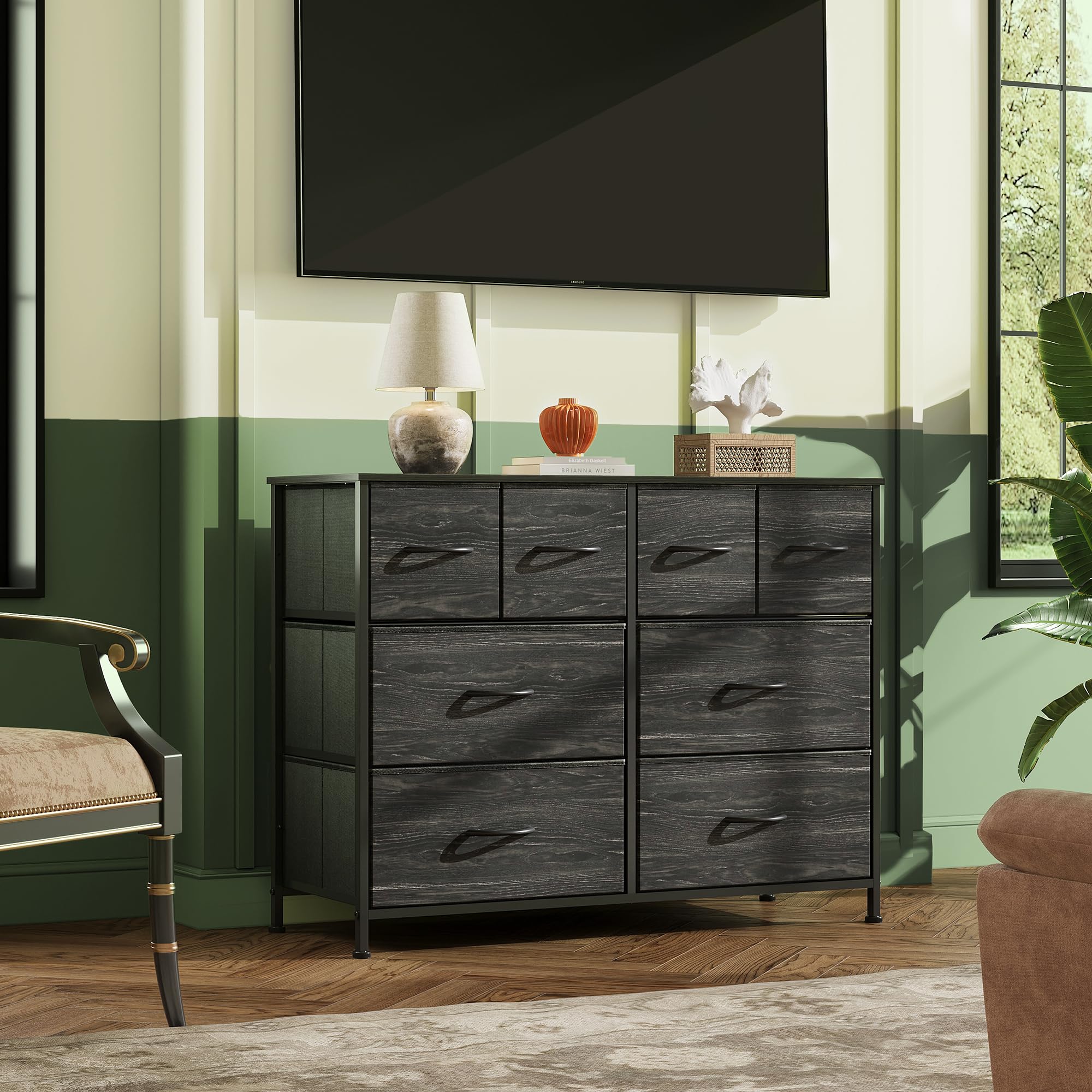 Wlive Dresser For Bedroom With 8 Drawers, Wide Fabric Dresser For Storage And Organization, Bedroom Dresser, Chest Of Drawers For Living Room, Closet, Hallway, Charcoal Black Wood Grain Print