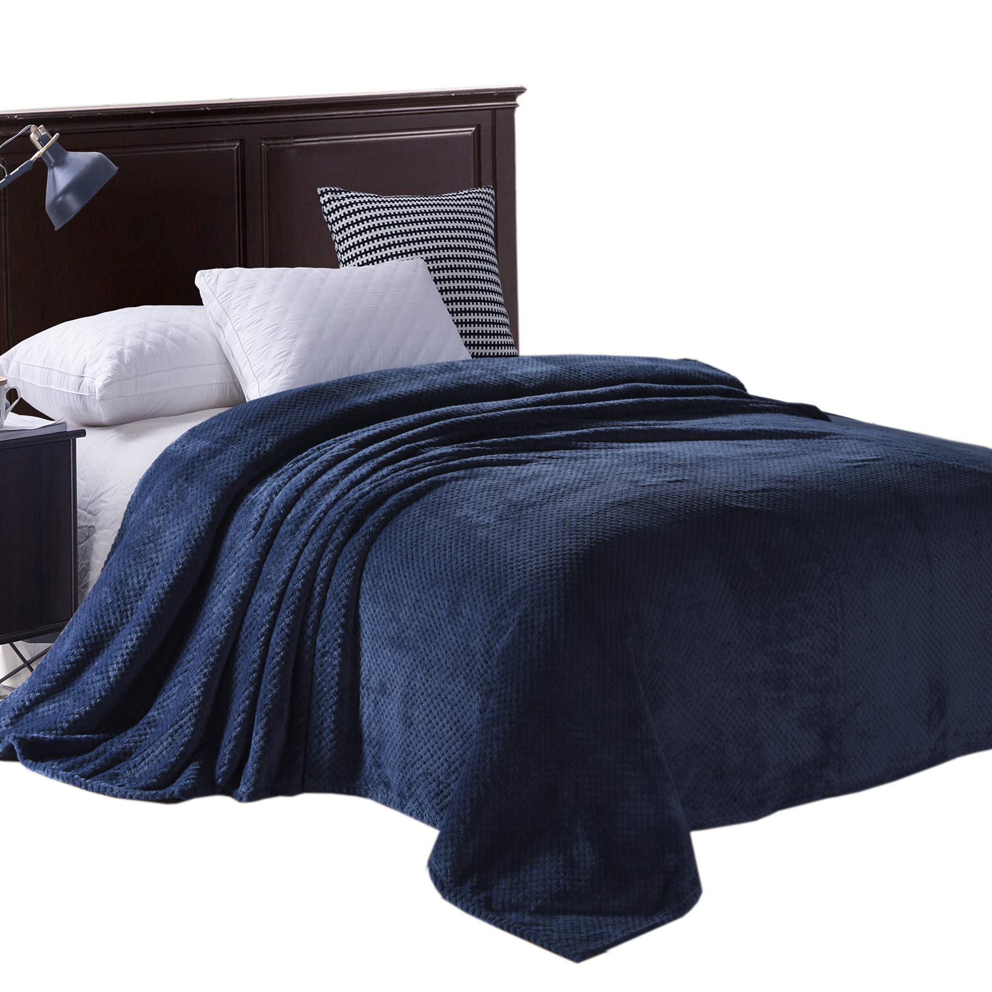 Exclusivo Mezcla Waffle Textured Soft Fleece Blanket, Queen Size Bed Blanket, Cozy Warm And Lightweight (Navy Blue, 90X90 Inches