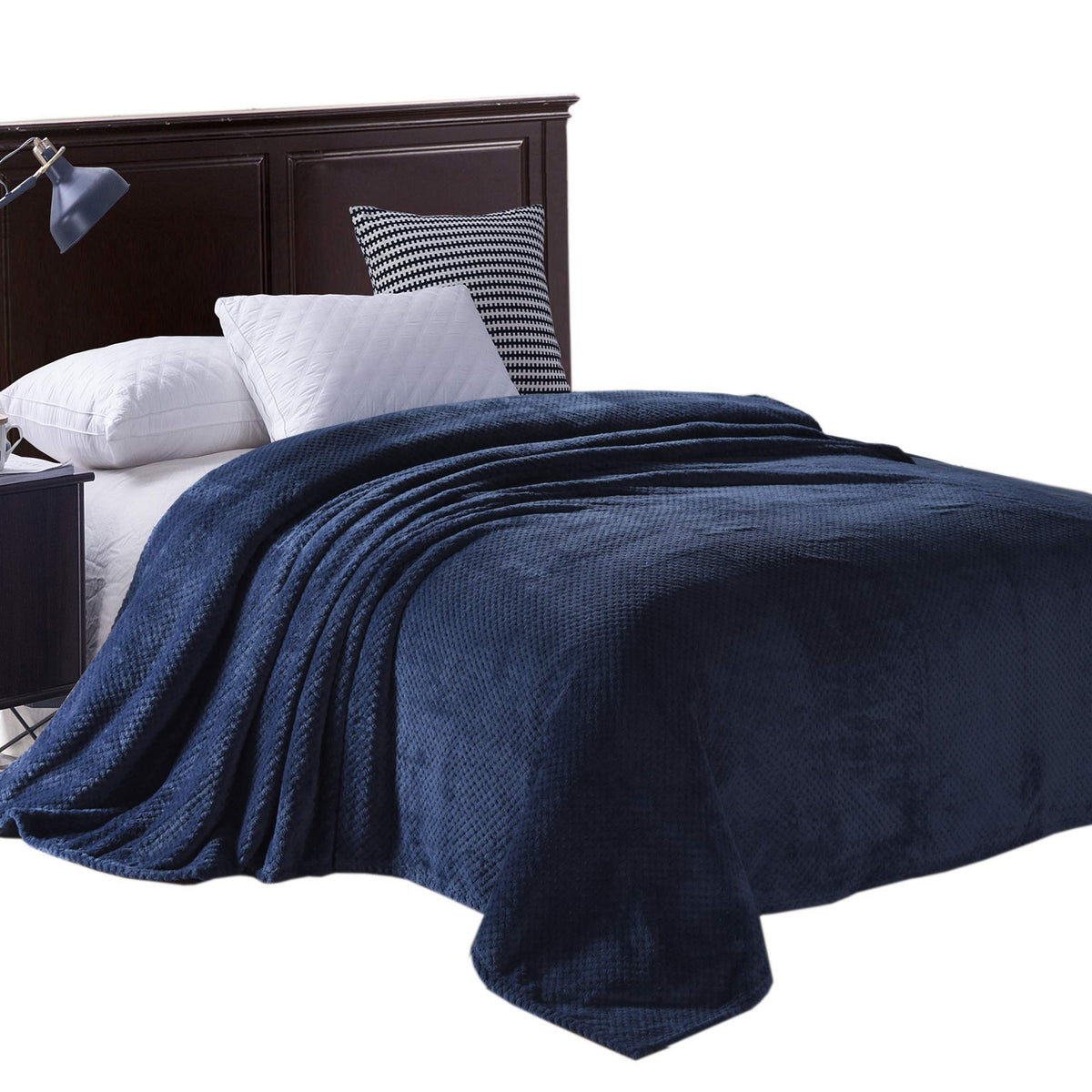 Exclusivo Mezcla Waffle Textured Soft Fleece Blanket, King Size Bed Blanket, Cozy Warm And Lightweight (Navy Blue, 90X104 Inches
