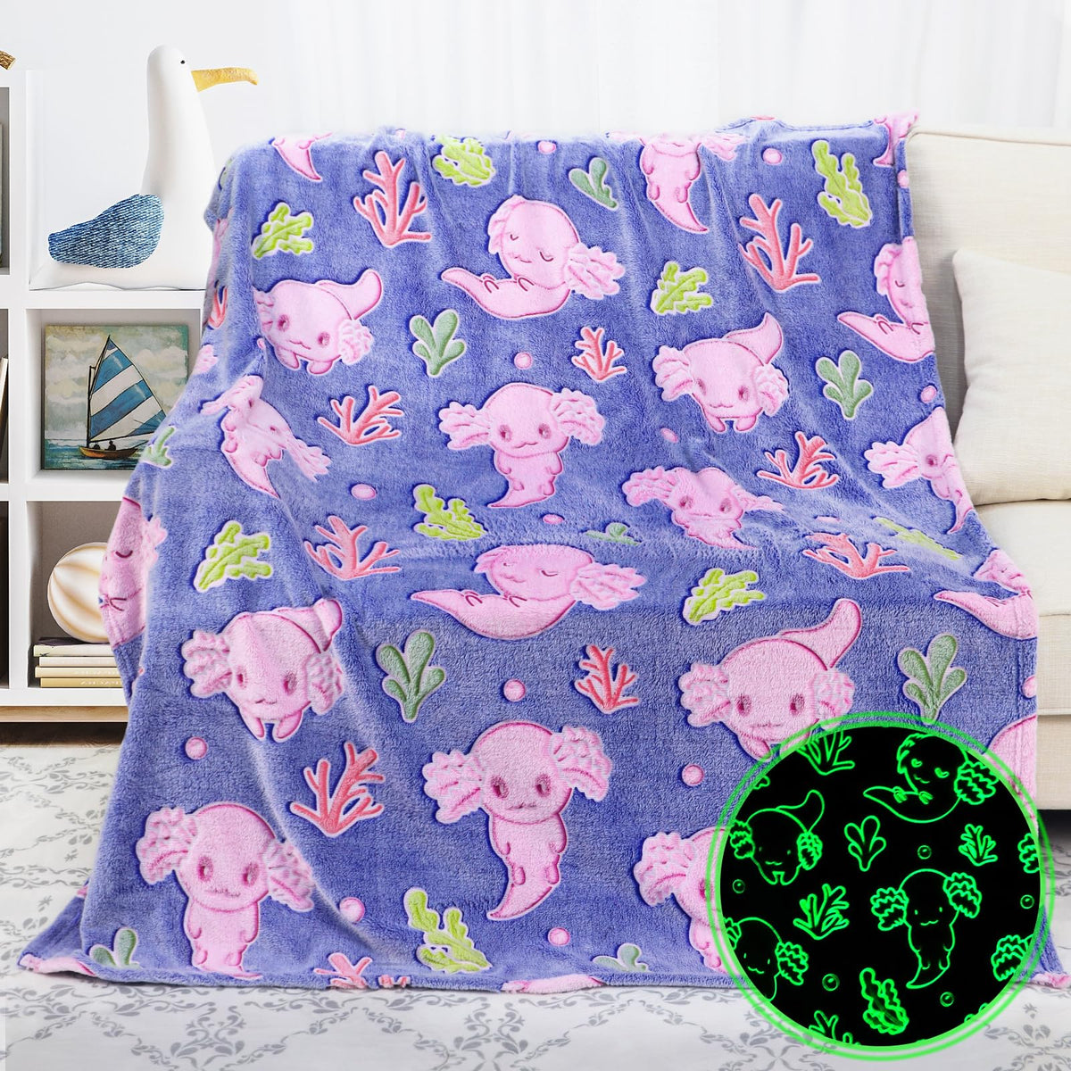 KIVEE Pink Axolotl Gifts for Girls Glow in The Dark Blanket Cute Axolotl Blanket Girl Soft Fleece Blanket Birthday Gifts 40''x50