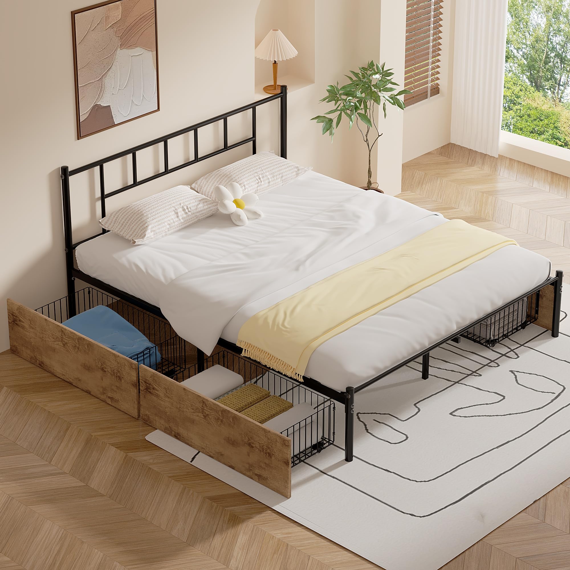 Vecelo Full Size Metal Platform Bed Frame With Headboard & 4 Storage Drawers, Heavy Duty Steel Slat Support, No Box Spring Needed, Easy Assembly