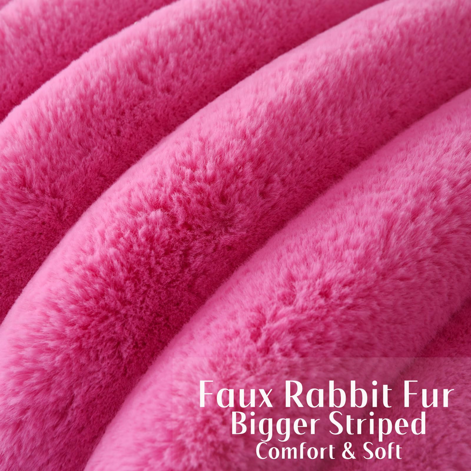 Futei Hot Pink Decorative Throw Pillow Covers 24X24 Inch Set Of 2, Square Soft Faux Rabbit Fur Big Striped Pillow Sham,Home Deco