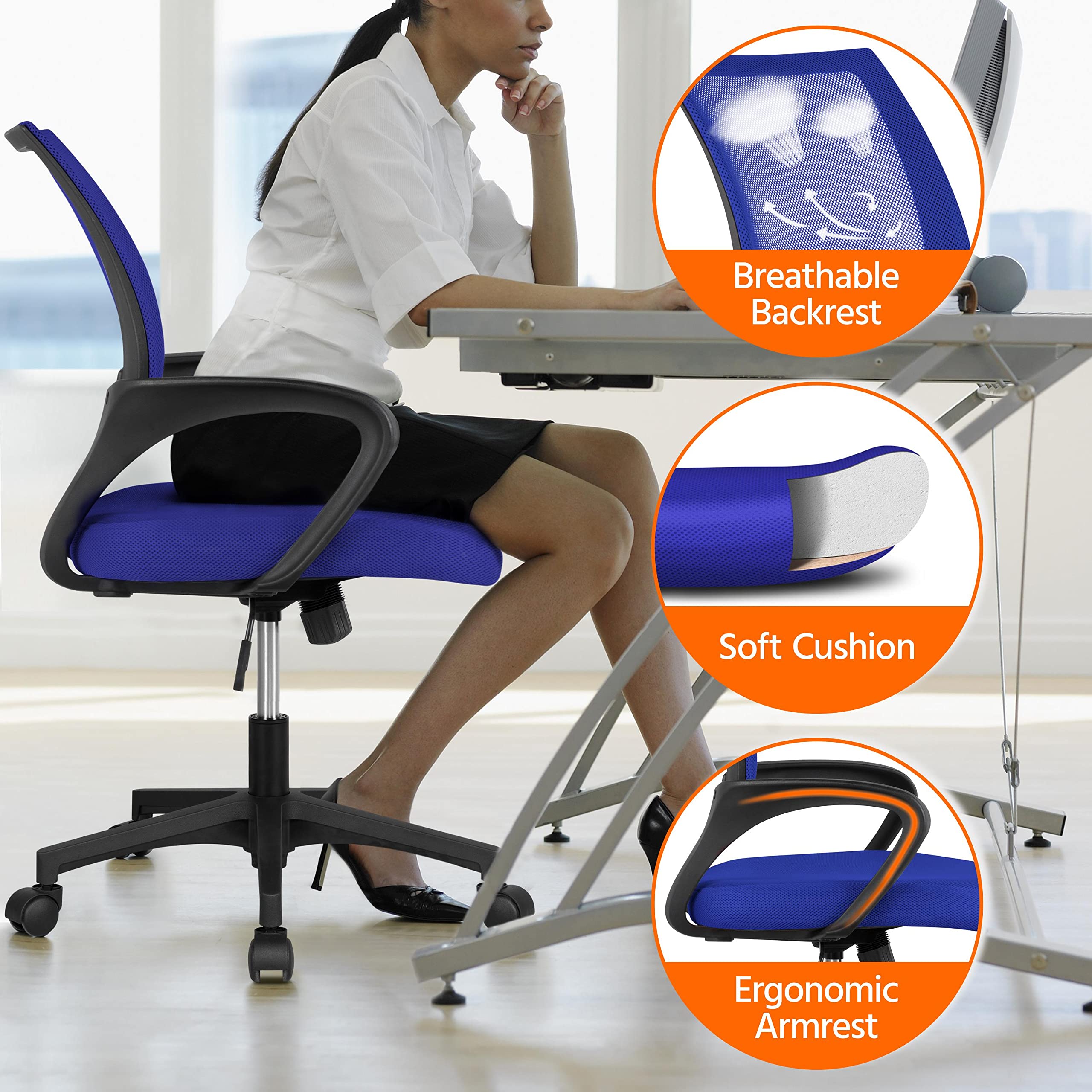 Yaheetech Office Chair Desk Chair Computer Chair Swivel Rolling Chair Cute Task Chair Ergonomic Conference Room Chair Mesh Work Study Chair Basic Comfy Desktop Chair With Wheels Arms, Blue