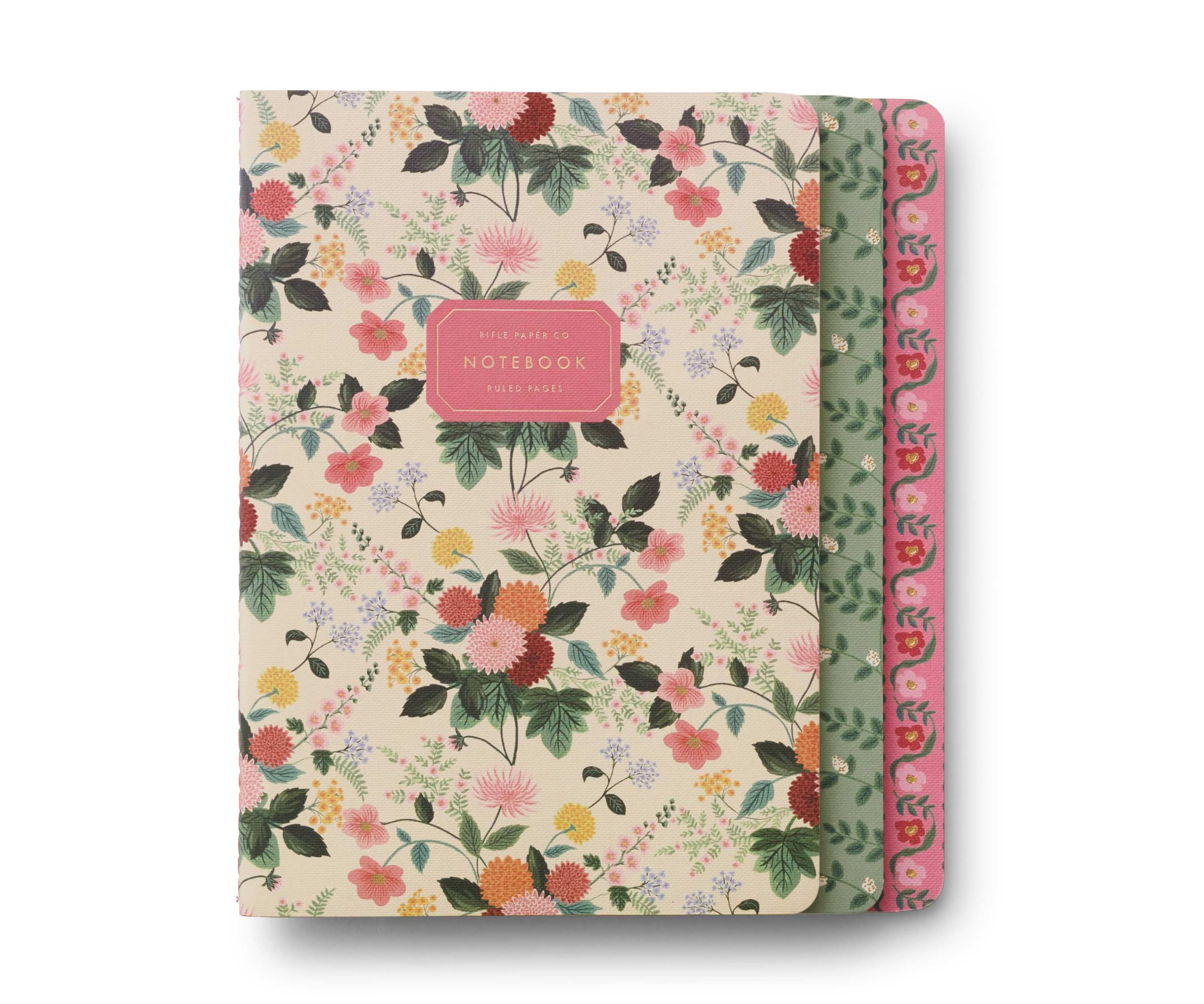 Rifle Paper Co. Dahlia Stitched Notebook Set, Assorted Set Of 3 Notebooks, 64 Ruled Pages Including Gold Ink, Full Color Canvas