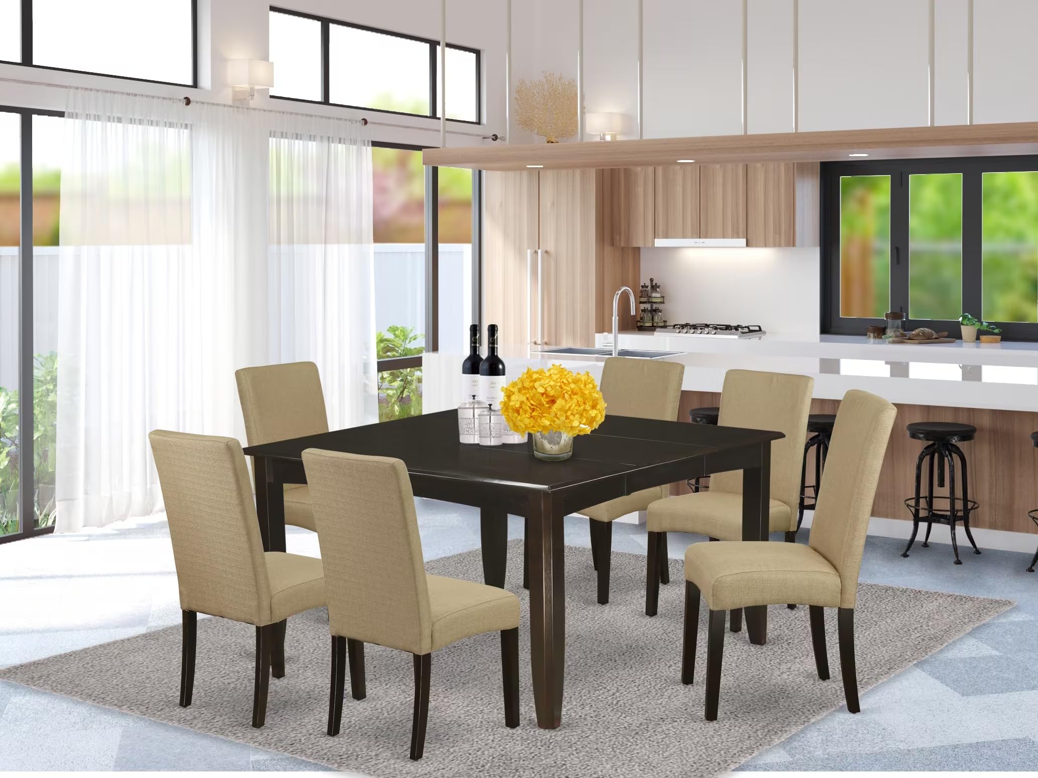 East West Furniture PFDR7-CAP-03 7 Piece Modern Dining Table Set Consist of a Square Wooden Table with Butterfly Leaf and 6 Brown Linen Fabric Upholstered Chairs, 54x54 Inch, Cappuccino