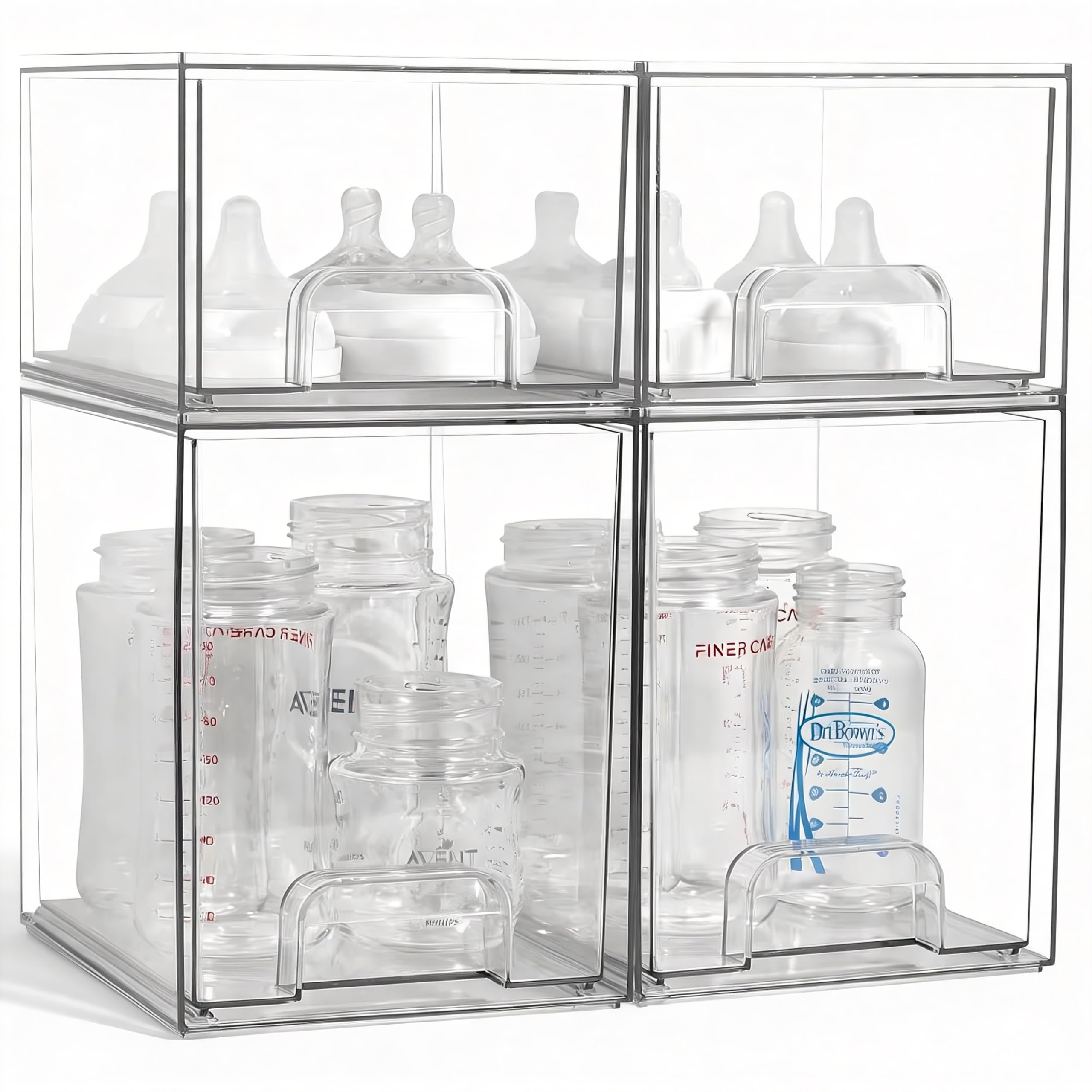 MINMUNJIU Baby Bottle Organizer, 4 Pack Clear Space-Saving Stackable Drawer with Handle, Baby Bottle Storage Organizer for Count