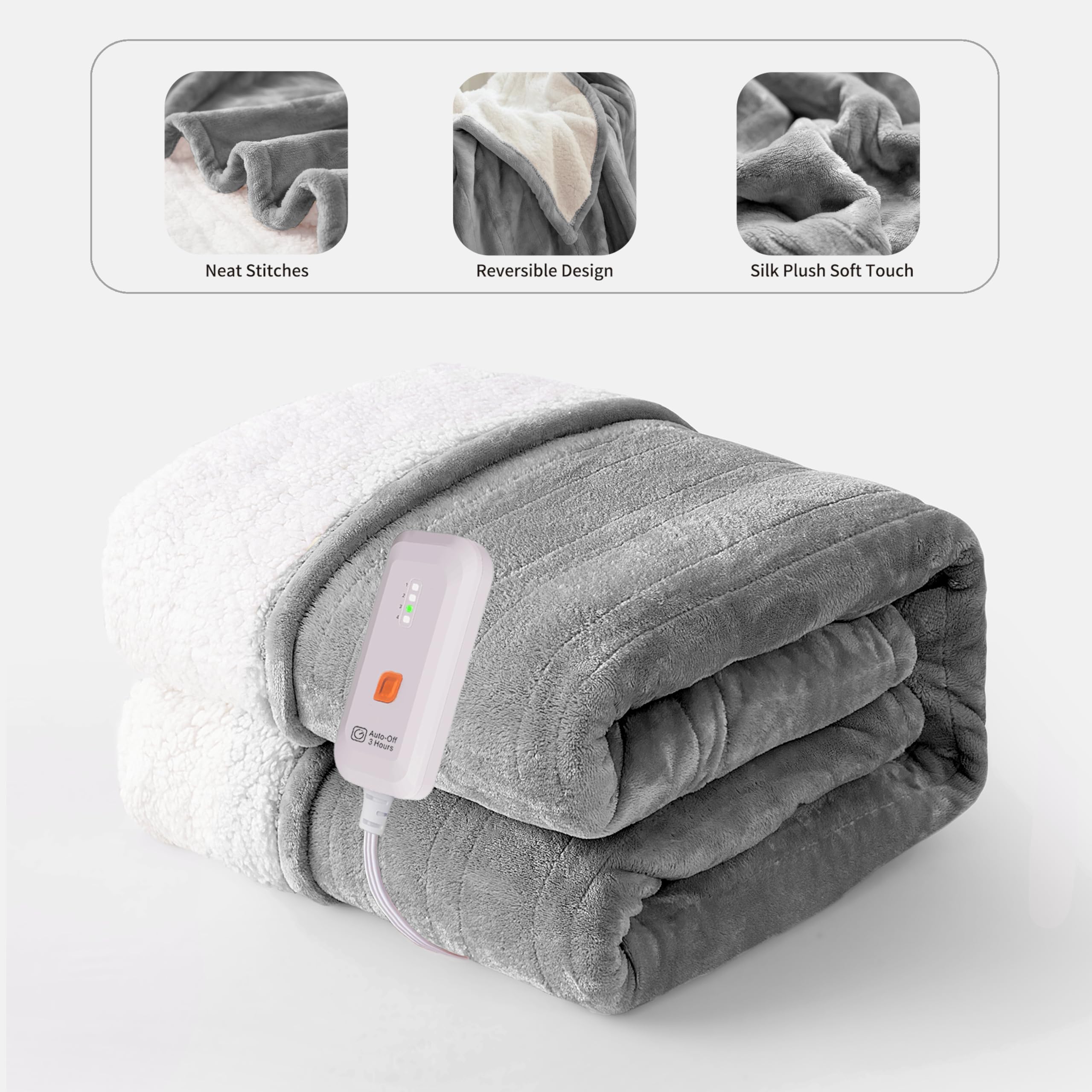 Gotcozy Heated Blanket Electric Throw 50''X60''- Soft Silky Plush Electric Blanket With 4 Heating Level & 3 Hour Auto Off Heating Blanket, Etl Certified Machine Washable (Grey)