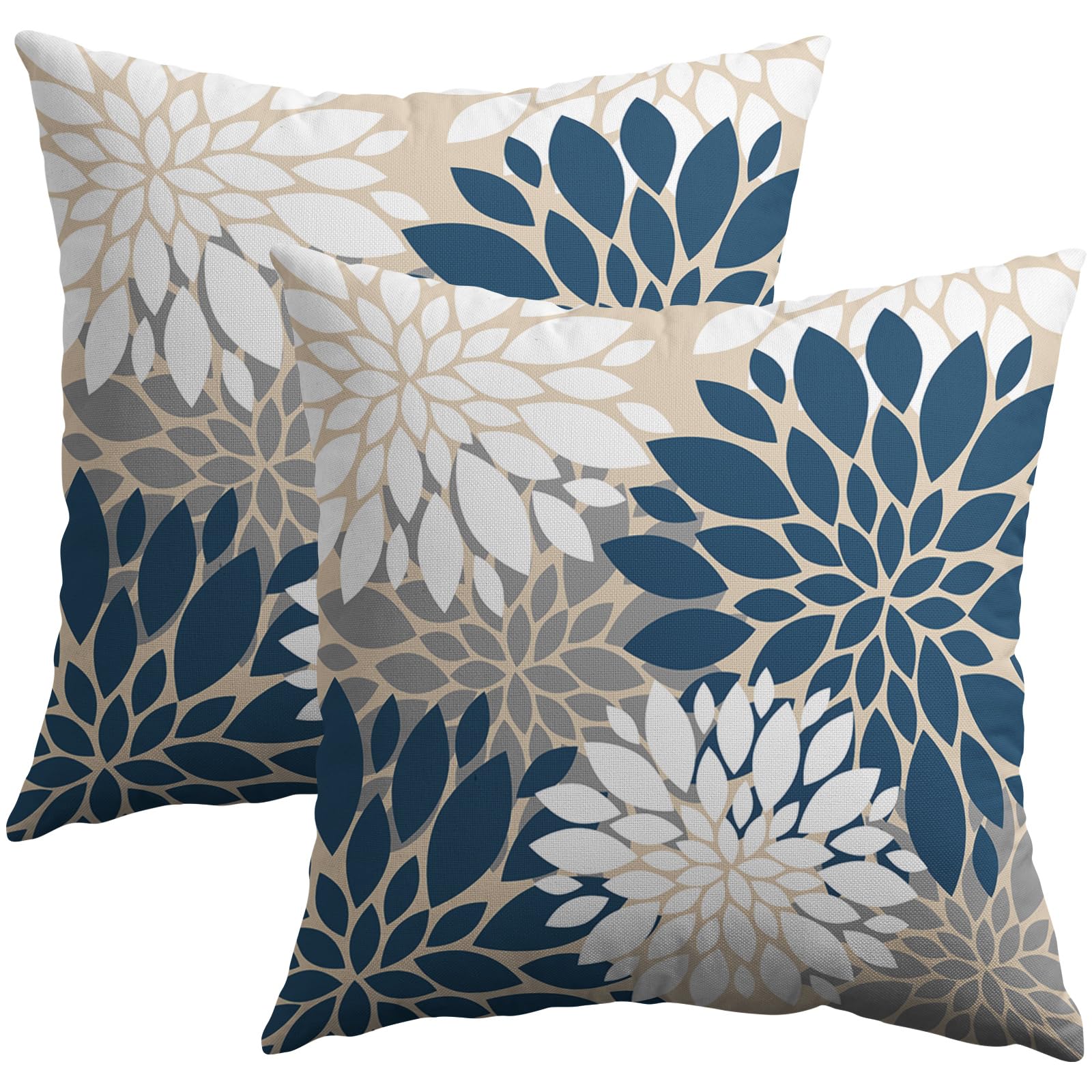 Blue White Grey Gray Pillow Covers 20X20 Inch Set Of 2, Summer Modern Geometry Dahlia Floral Print Decorative Throw Pillow Cover