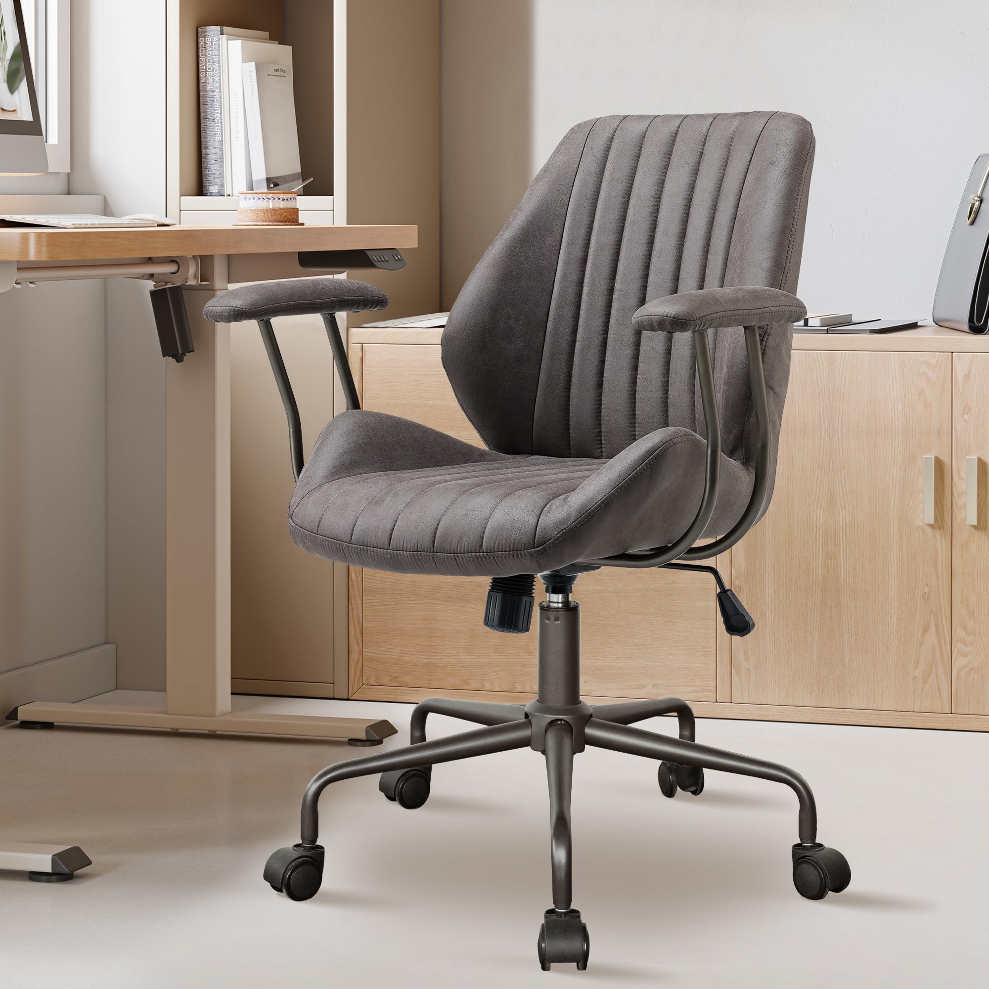Mid Century Modren Office Chair - Mid Back Swivel Executive Chair With Lumbar Support,Ergonomic Computer Desk Chair With Wheels,