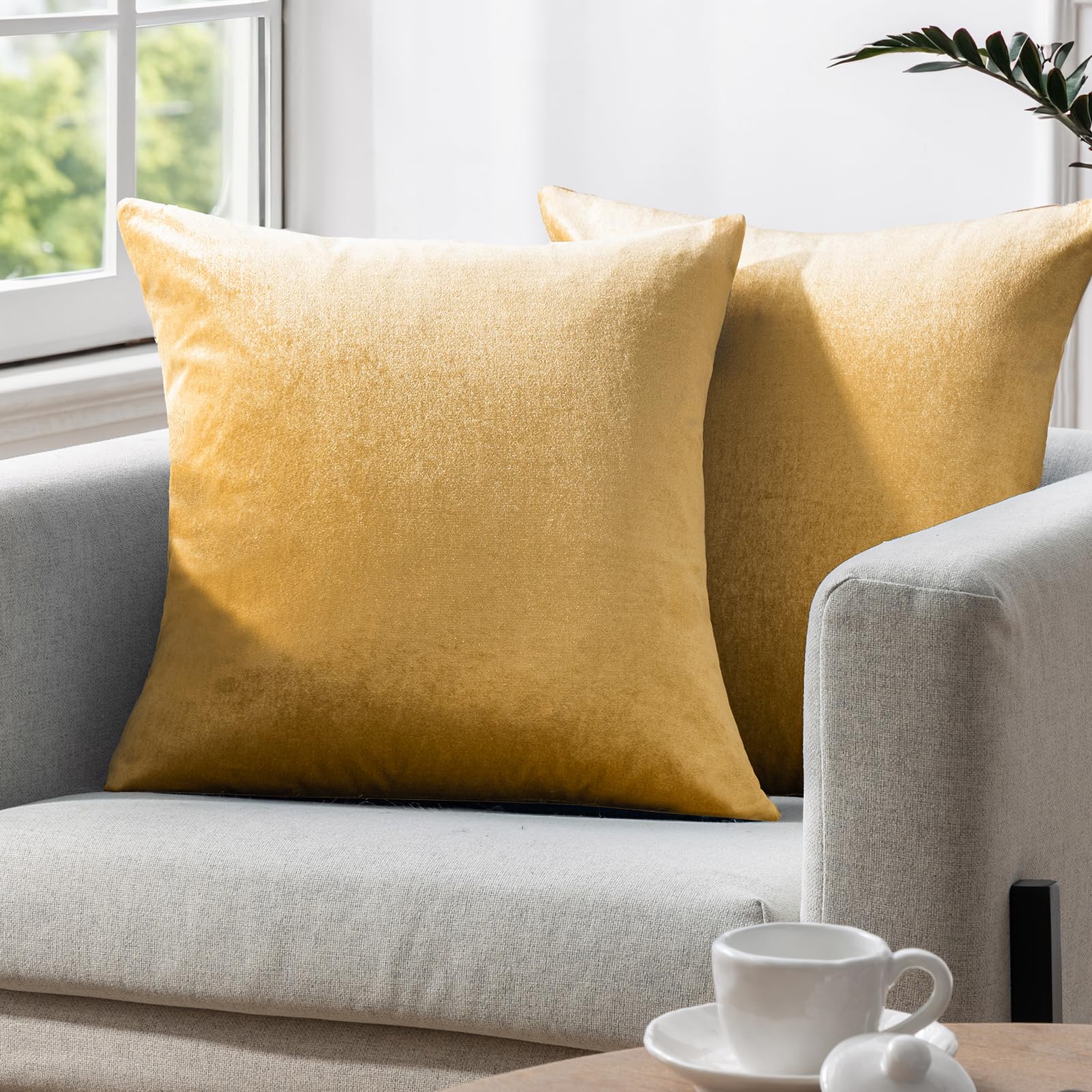 Phantoscope Pack Of 2 Fall Velvet Decorative Throw Pillow Covers Soft Solid Square Cushion Case For Couch Shiny Gold 18 X 18 Inc