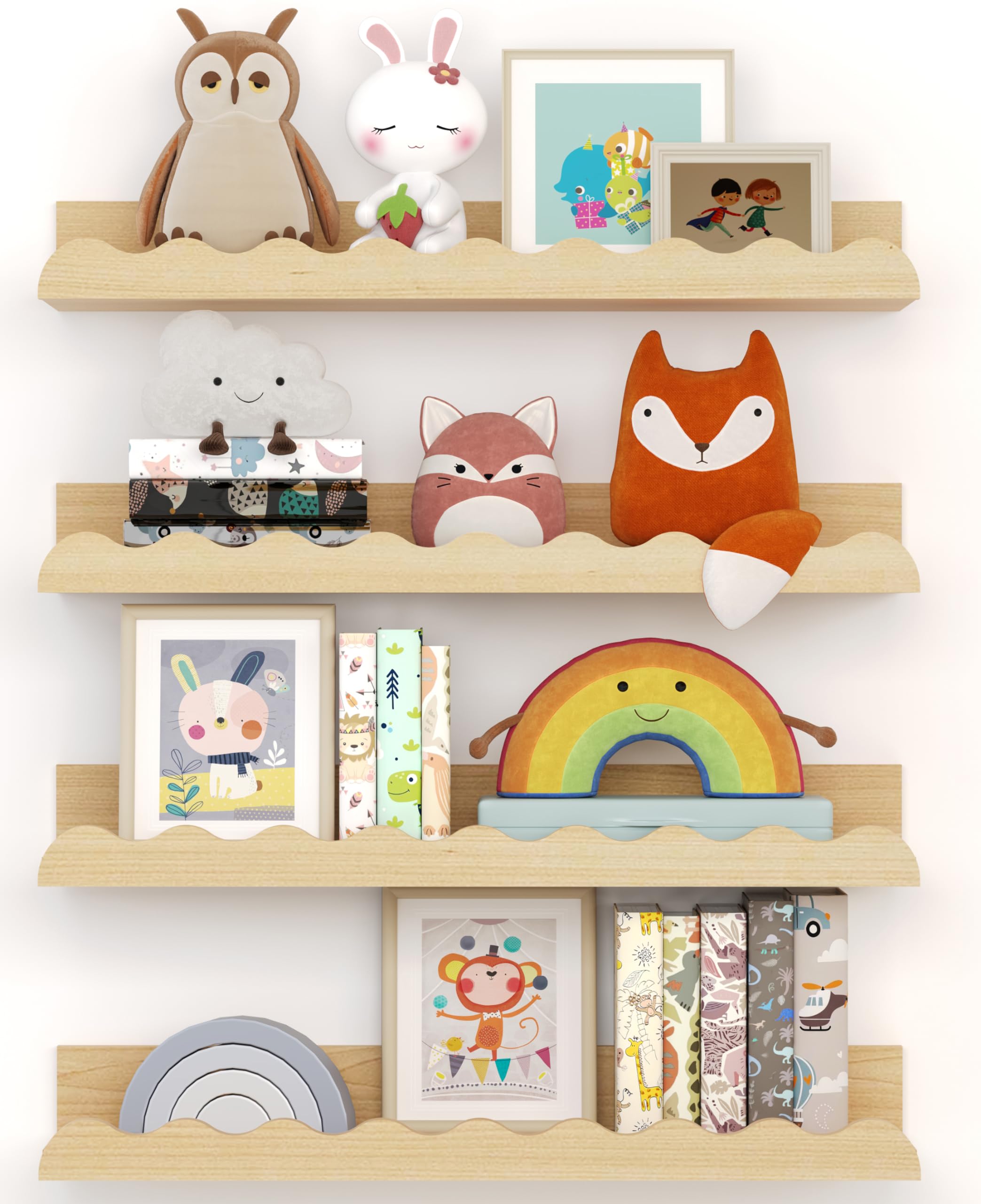 Kids' Bookshelf Set Of 4 - Wood Floating Nursery Book Shelves, Picture Ledge Shelf For Wall Decor And Storage - Perfect For Books, Toys, Photo Frames, And Nursery Décor