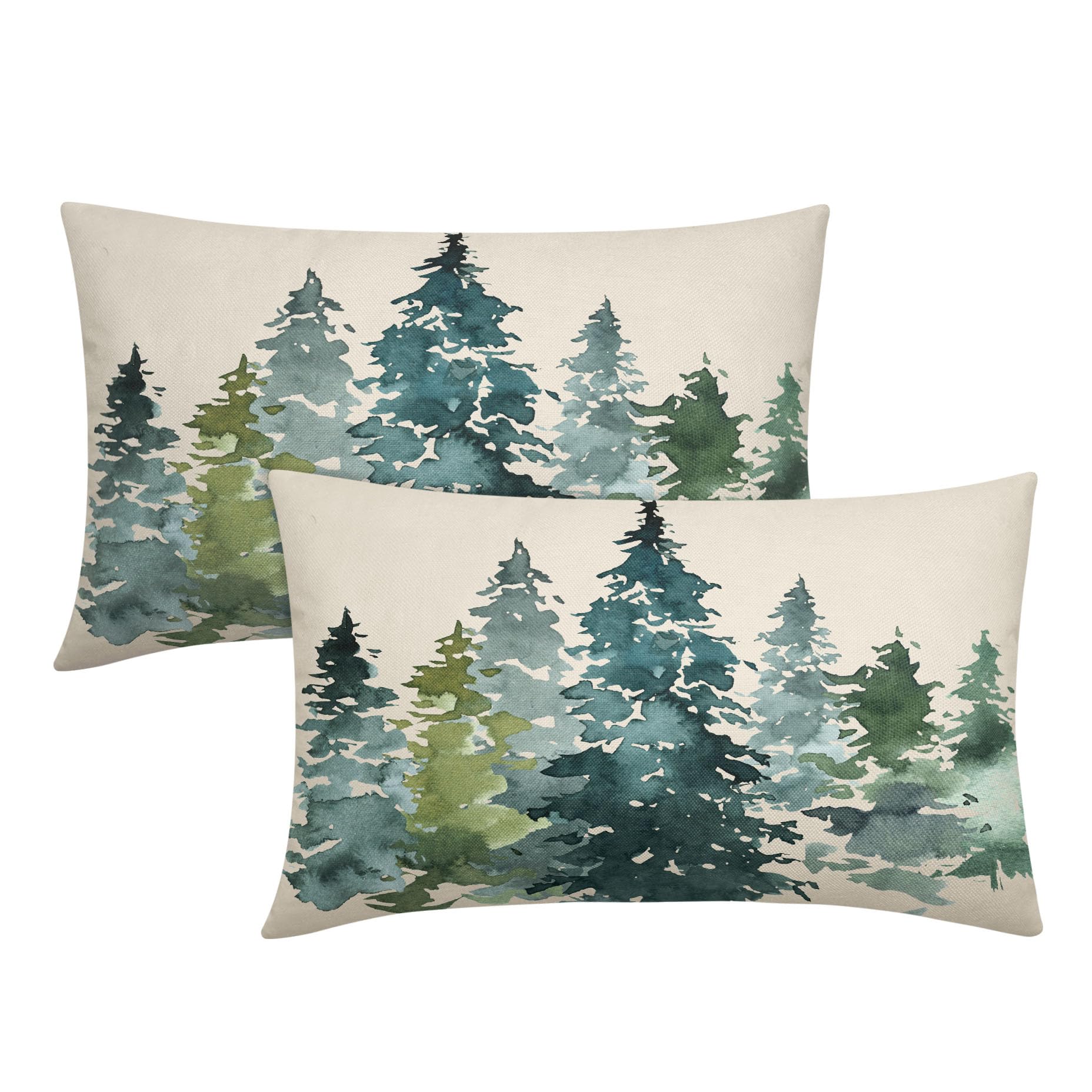 Watercolor Blue Green Tree Lumbar Pillow Covers 12X20 In Set Of 2 Nature Themed Christmas Rectangular Pillow Cases Rustic Forest
