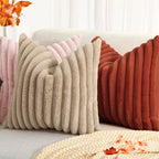 Decoruhome Faux Fur Throw Pillow Covers 20X20 Set Of 2, Decorative Soft Plush Striped Couch Pillow Covers With Velvet Back For Sofa, Bed, Living Room, Rust