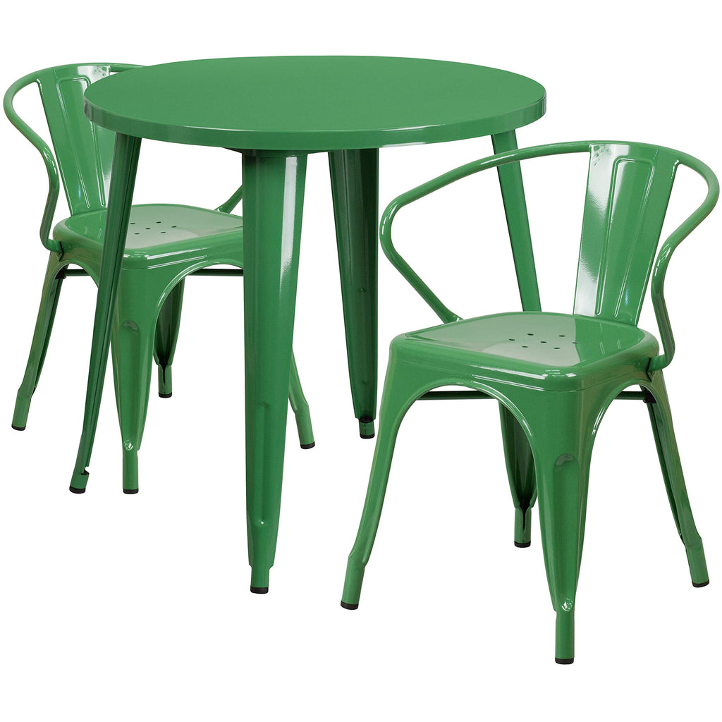 Flash Furniture Conrad Commercial Grade 30" Round Green Metal Indoor-Outdoor Table Set with 2 Arm Chairs