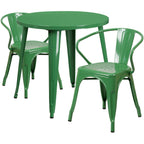 Flash Furniture Conrad Commercial Grade 30" Round Green Metal Indoor-Outdoor Table Set with 2 Arm Chairs