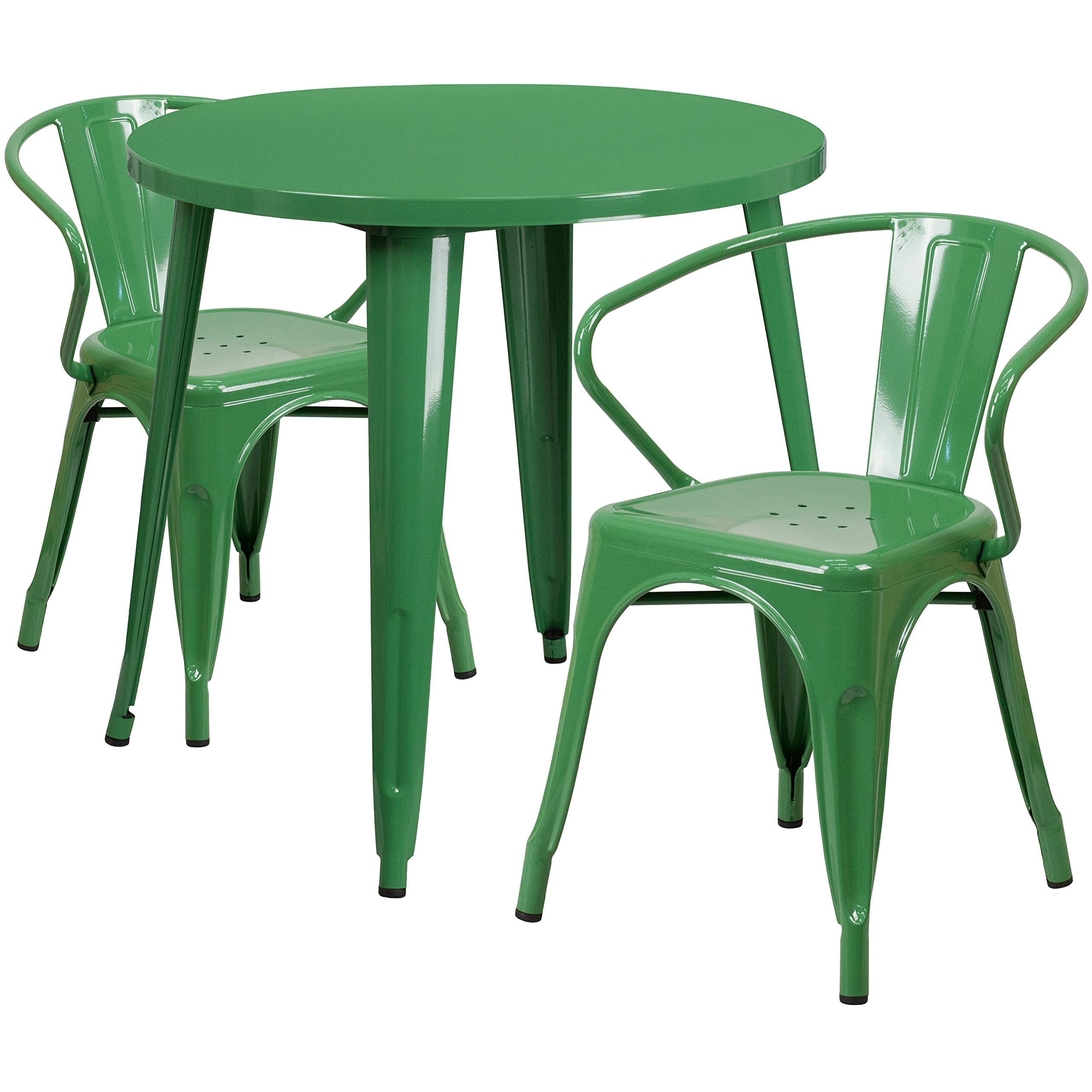 Flash Furniture Conrad Commercial Grade 30" Round Green Metal Indoor-Outdoor Table Set with 2 Arm Chairs