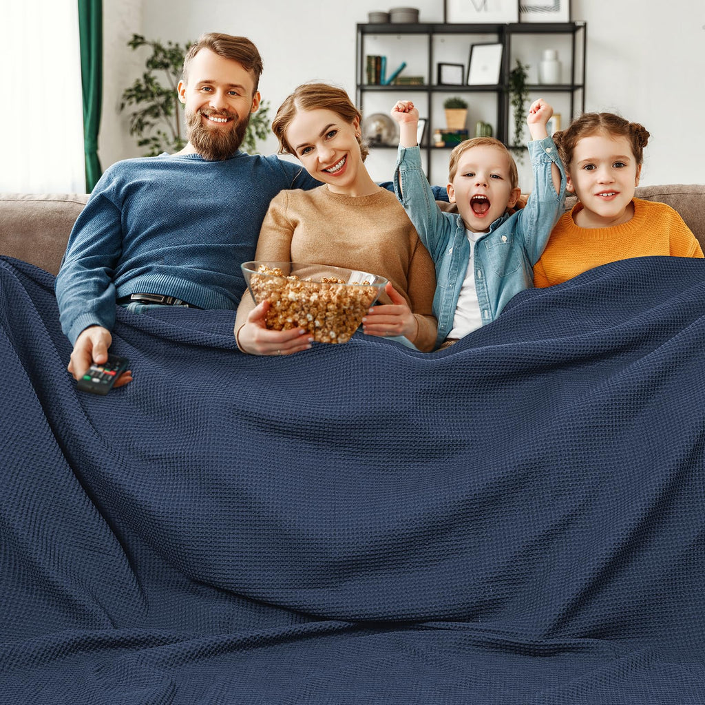 Phf 100% Cotton Waffle Weave Blanket California King Size 120'X 120'- Washed Soft Lightweight Breathable Oversize Huge Blanket For All Season- Extra Large Blanket For Couch Bed Sofa - Dark Navy