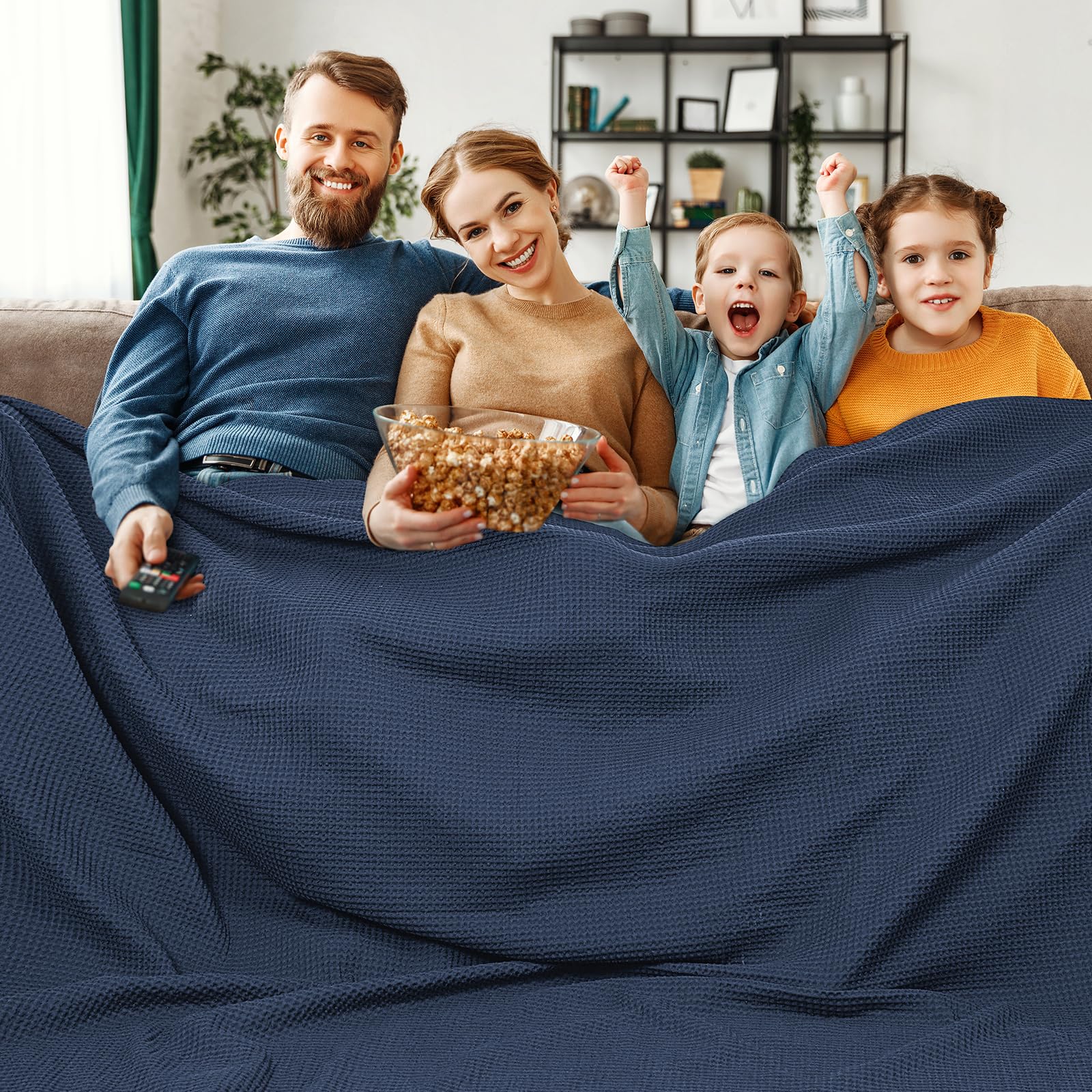 Phf 100% Cotton Waffle Weave Blanket California King Size 120'X 120'- Washed Soft Lightweight Breathable Oversize Huge Blanket For All Season- Extra Large Blanket For Couch Bed Sofa - Dark Navy