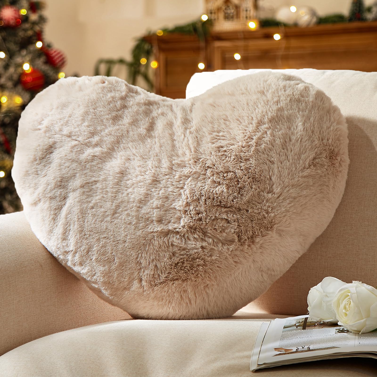 YRXRUS Heart Pillow, Beige Heart Pillows, Love Pillow Gifts, 14X17 Inch Large Heart Shaped Pillows, Faux Rabbit Fur Coquette Roo