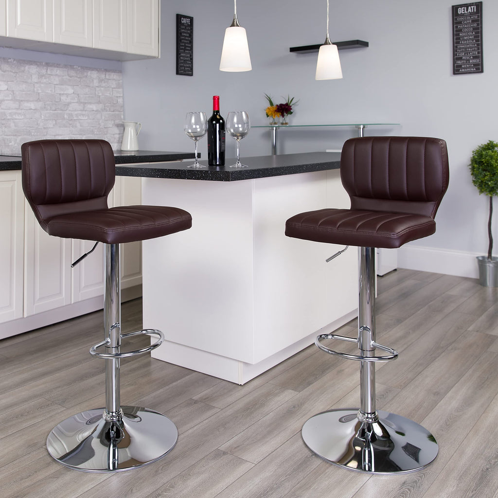 Flash Furniture Contemporary Brown Vinyl Adjustable Height Barstool with Vertical Stitch Back and Chrome Base (Pack of 1)