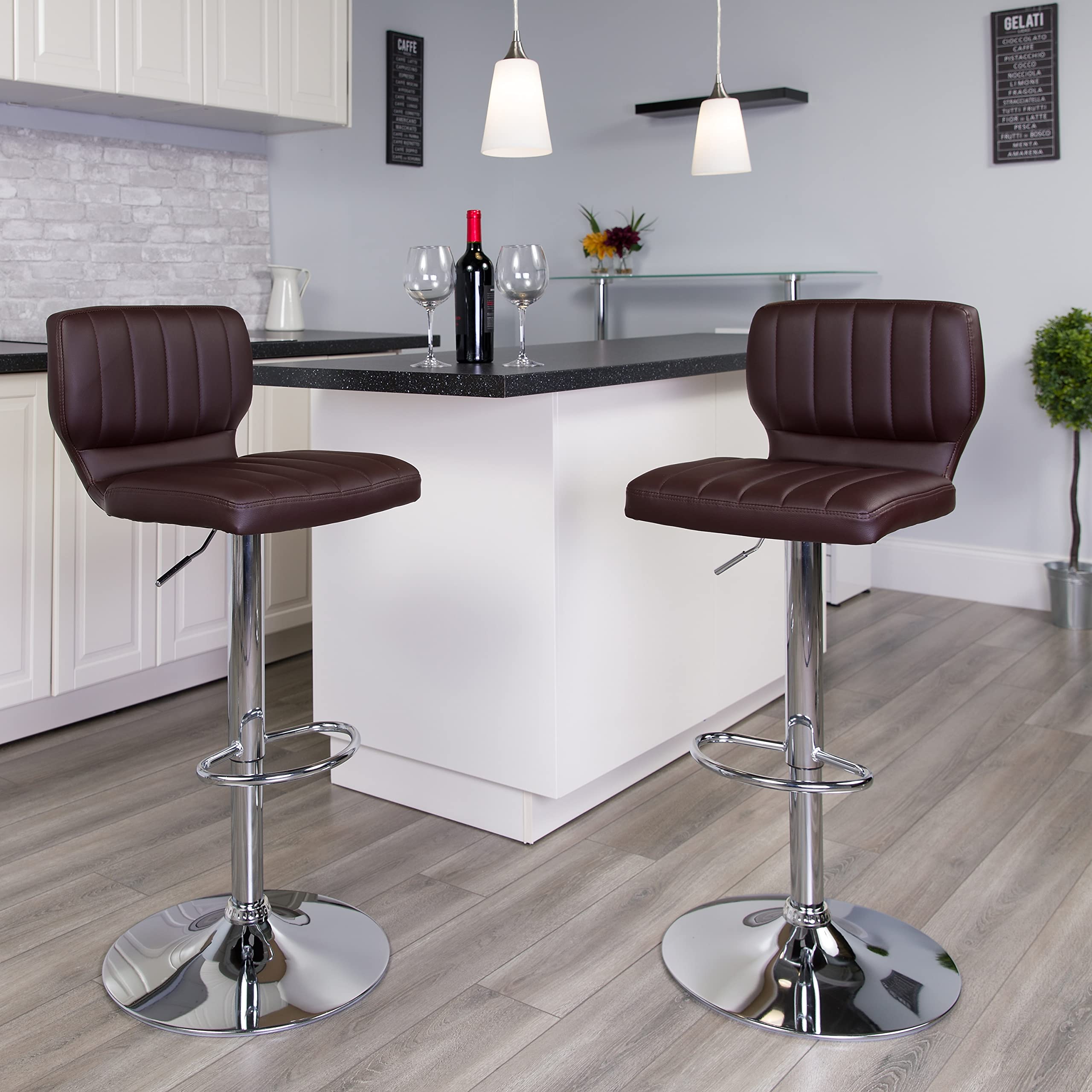 Flash Furniture Contemporary Brown Vinyl Adjustable Height Barstool with Vertical Stitch Back and Chrome Base (Pack of 1)