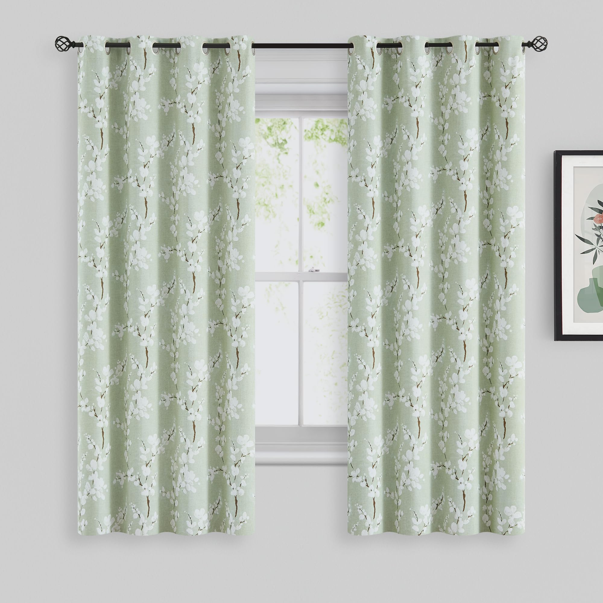 FMFUNCTEX Green White 100% Blackout Curtains Floral Printed Spring Curtain Drapes for Living Room Bedroom 63 inch Blossom Therma
