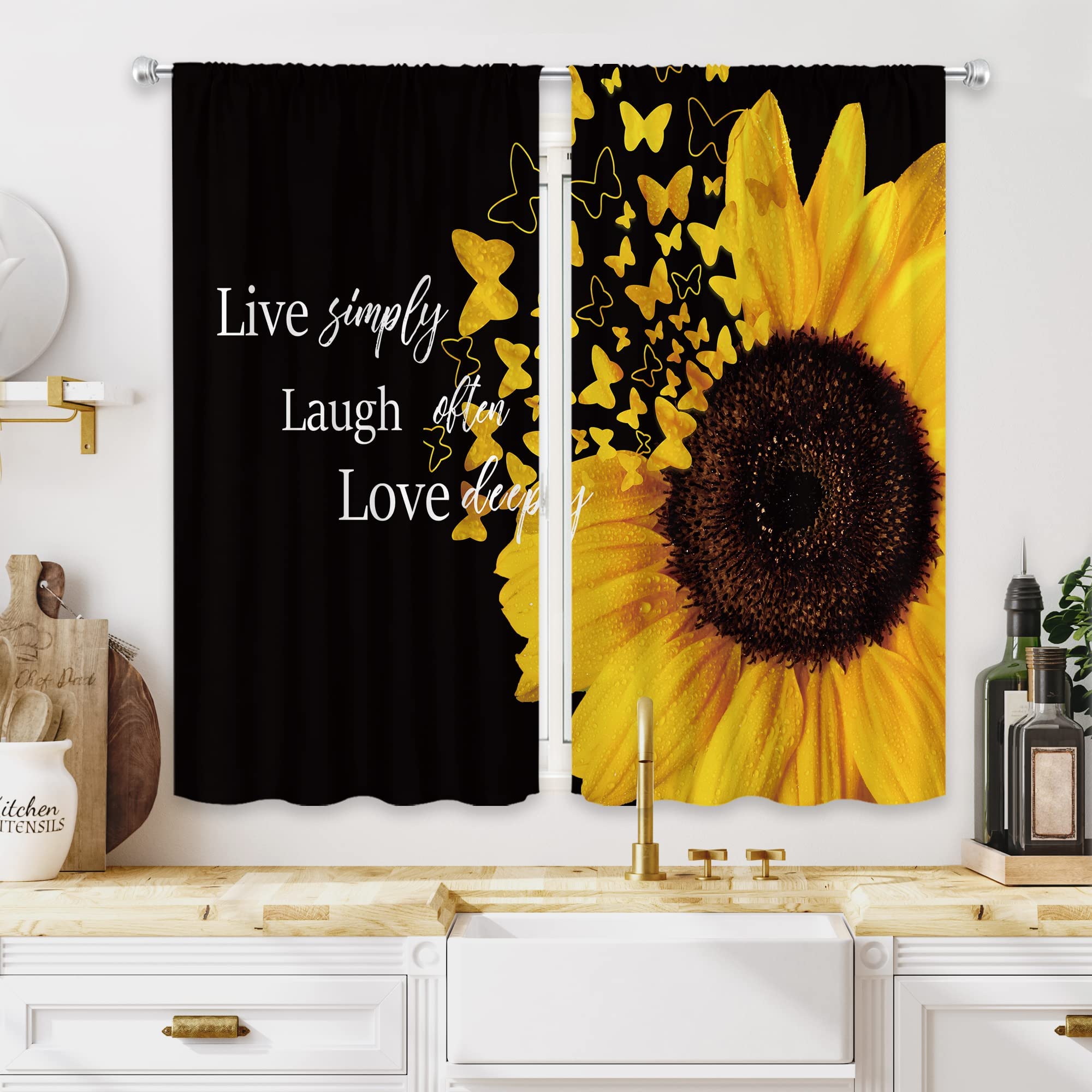Meshelly Sunflower Kitchen Curtains 27.5W X 39H Inch Rod Pocket Motivational Floral Quote For Women Butterfly Flower Cafe Curtai
